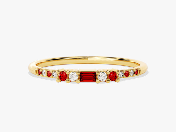 Baguette Garnet Ring with Round Sidestones in 14K Solid Gold