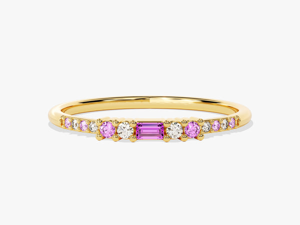 Baguette Pink Tourmaline Ring with Round Sidestones in 14K Solid Gold