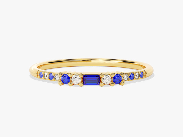 Baguette Sapphire Ring with Round Sidestones in 14K Solid Gold