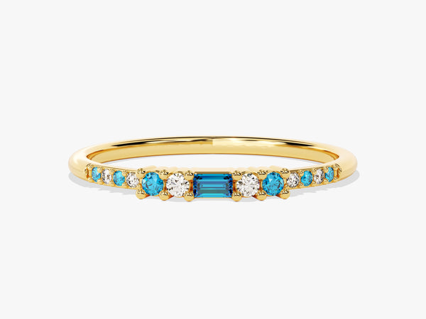 Baguette Blue Topaz Ring with Round Sidestones in 14K Solid Gold