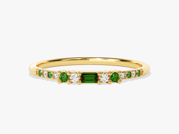 Baguette Emerald Ring with Round Sidestones in 14K Solid Gold