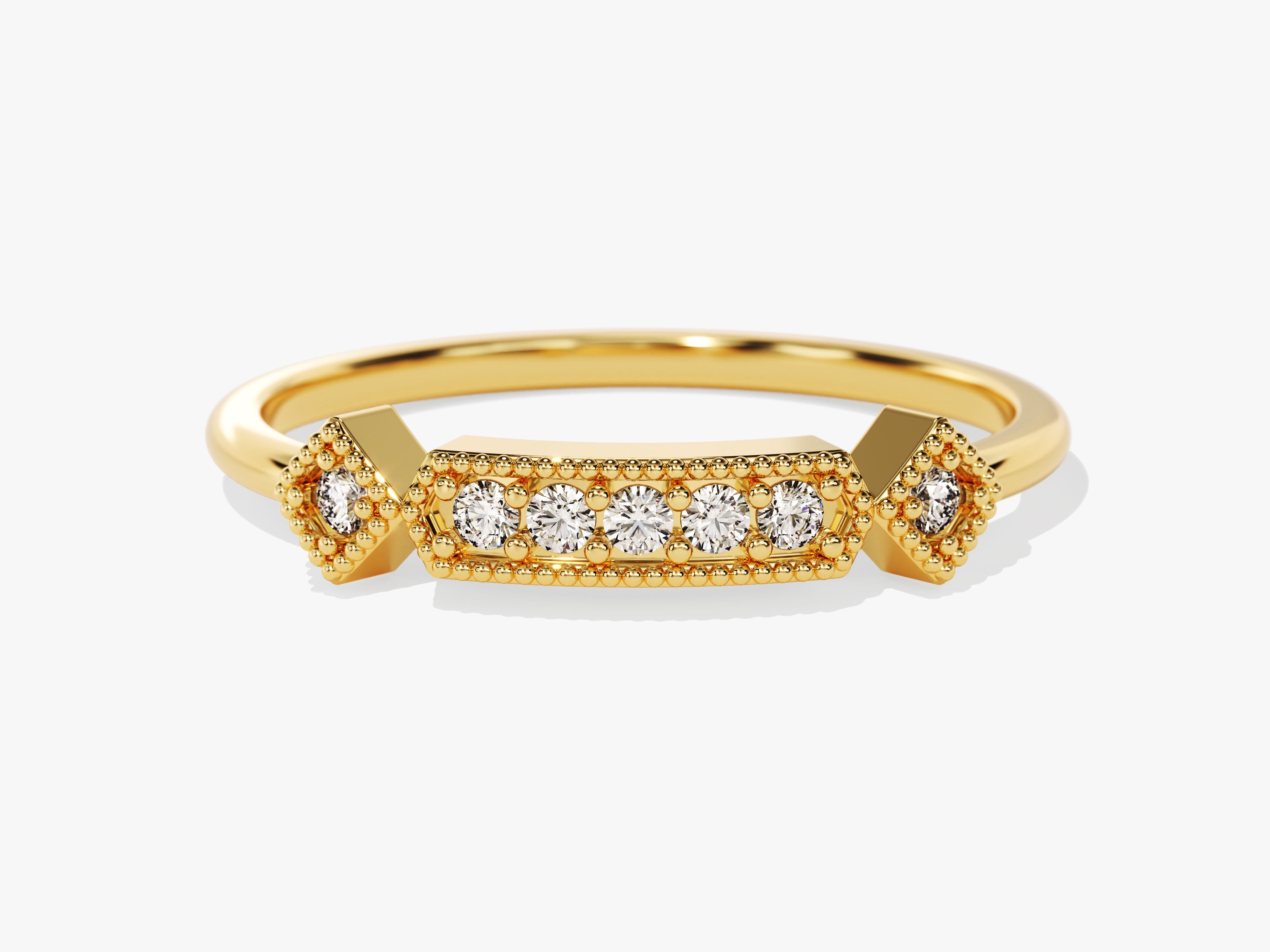 Gold diamond ring with beaded detail and geometric accents