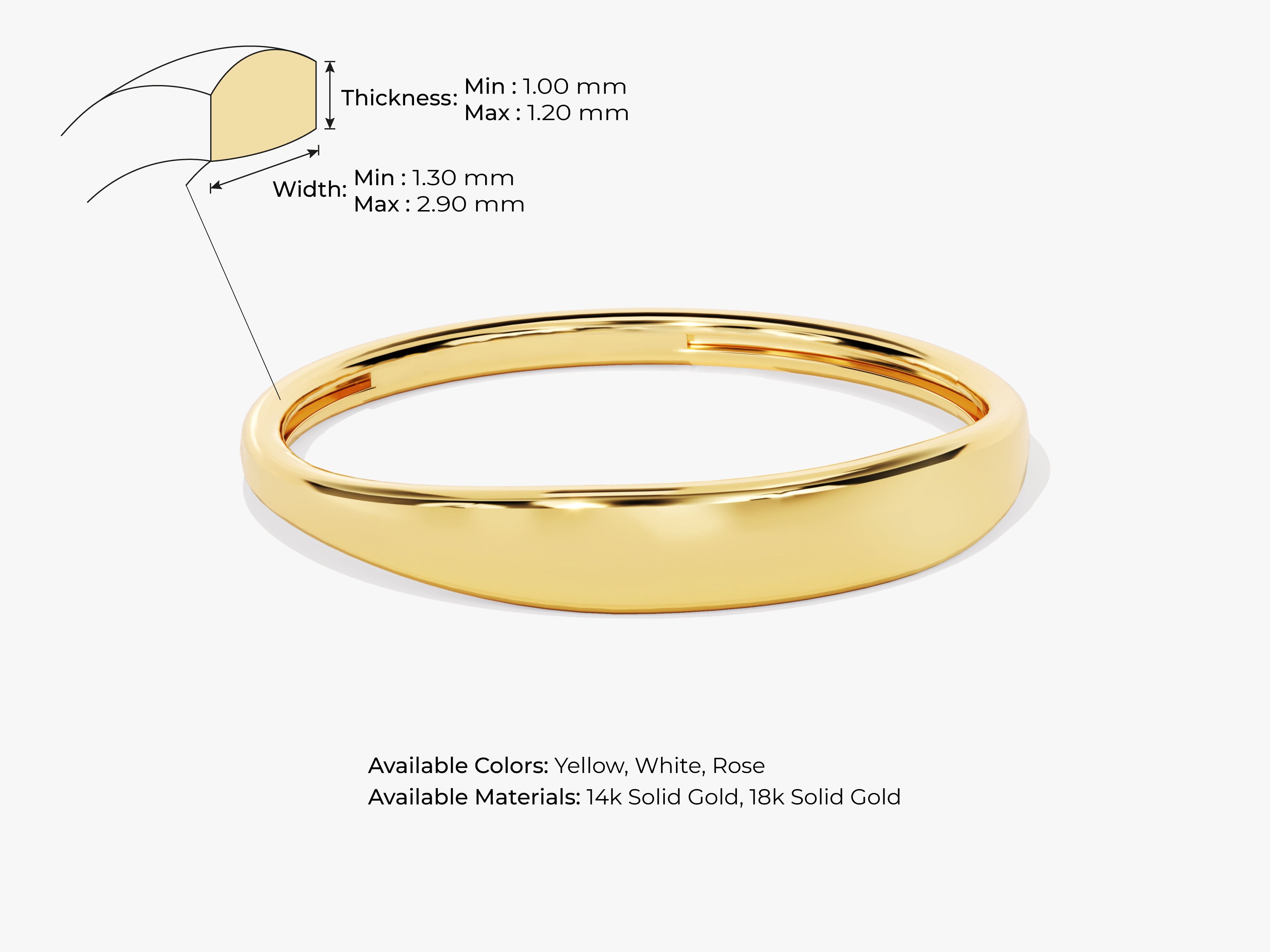 Gold band ring dimensions, available in yellow, white, rose gold