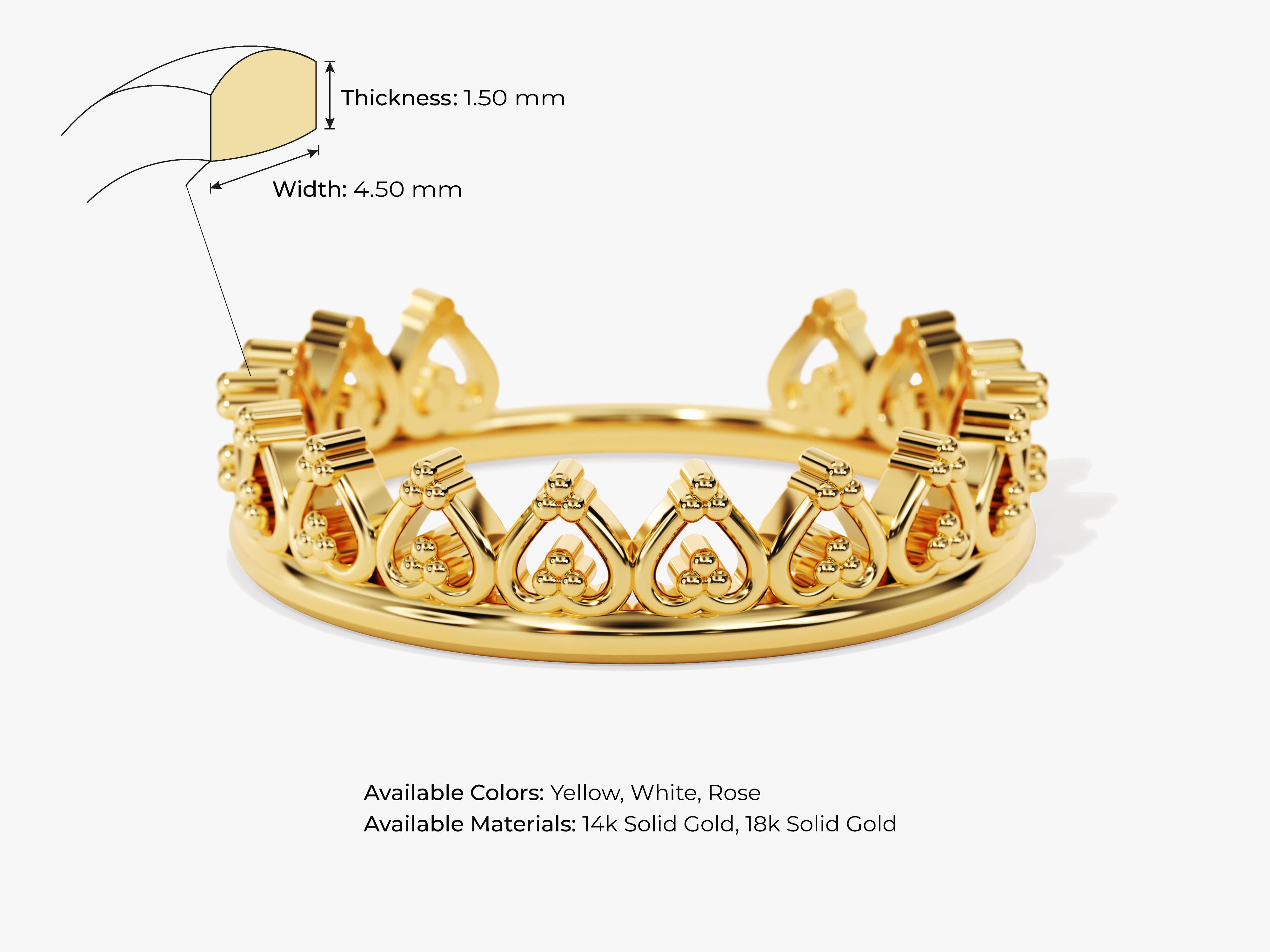 Gold crown ring, 14k/18k solid gold, yellow, white, rose