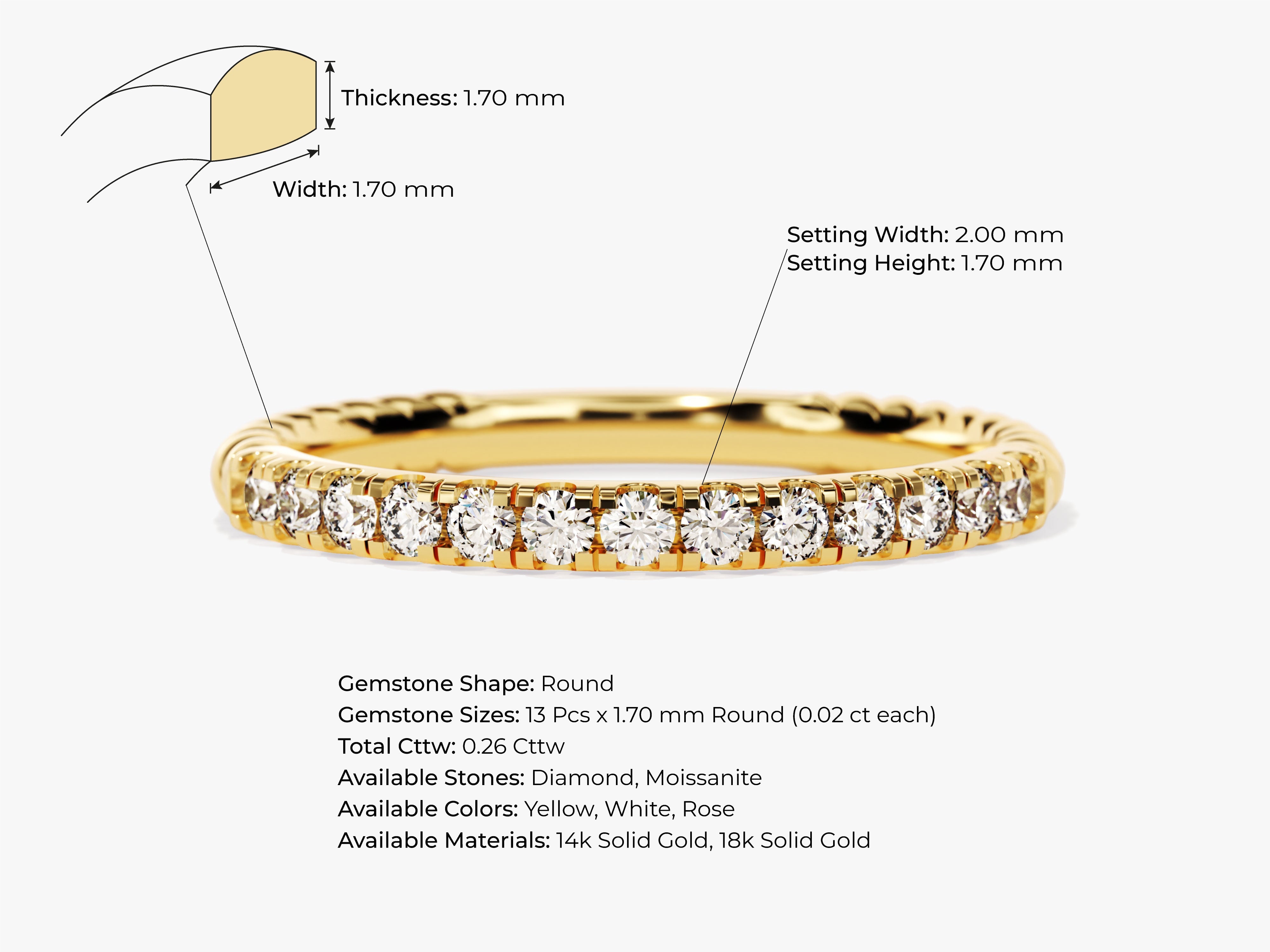 Gold diamond eternity band ring with detailed specifications