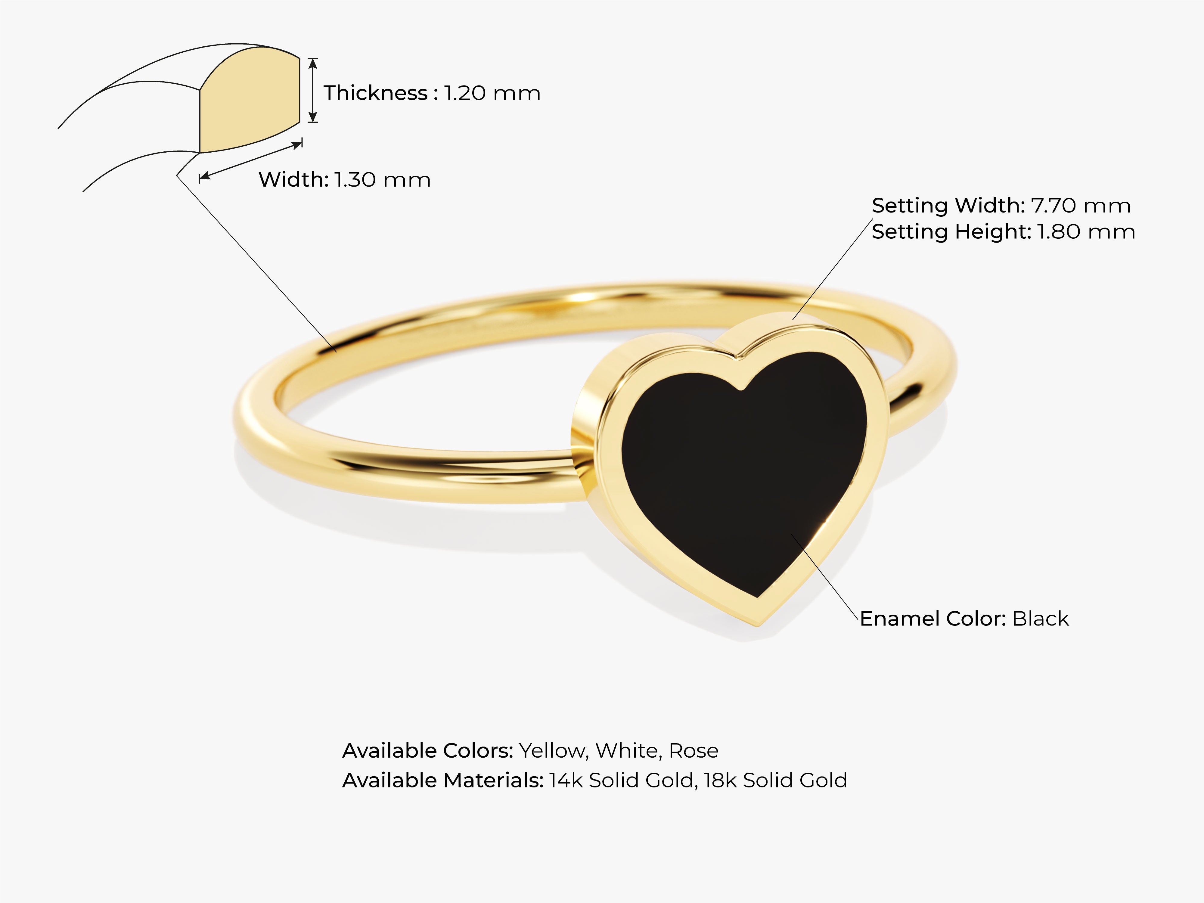 Gold heart ring with black enamel, available in solid gold