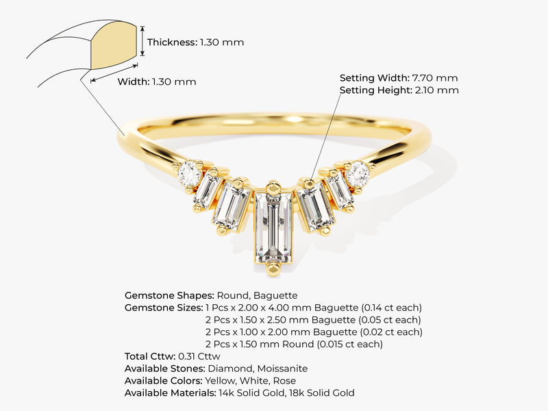 14k Gold Curved Baguette Diamond Ring