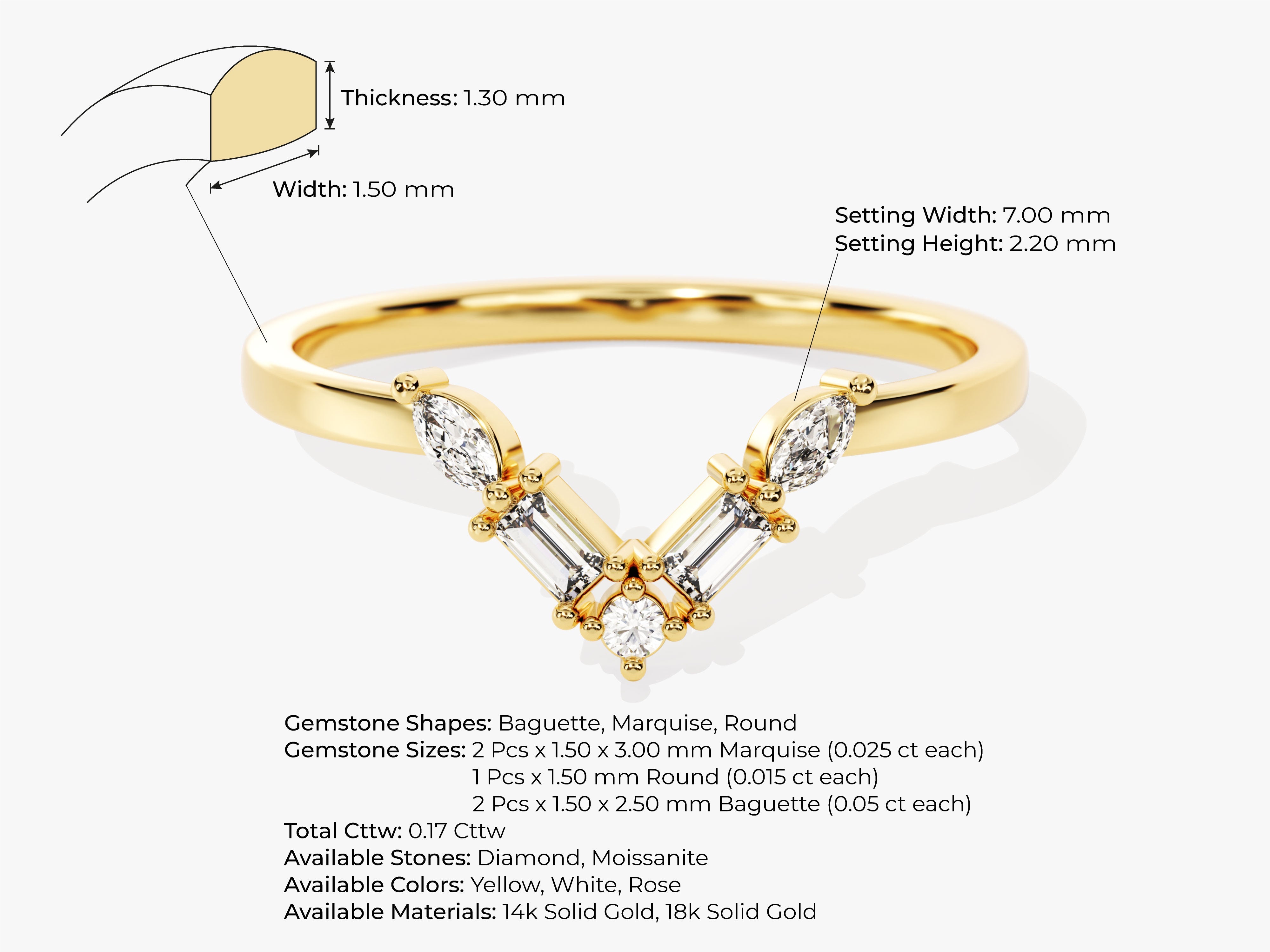 Gold chevron ring with marquise, baguette, and round diamonds