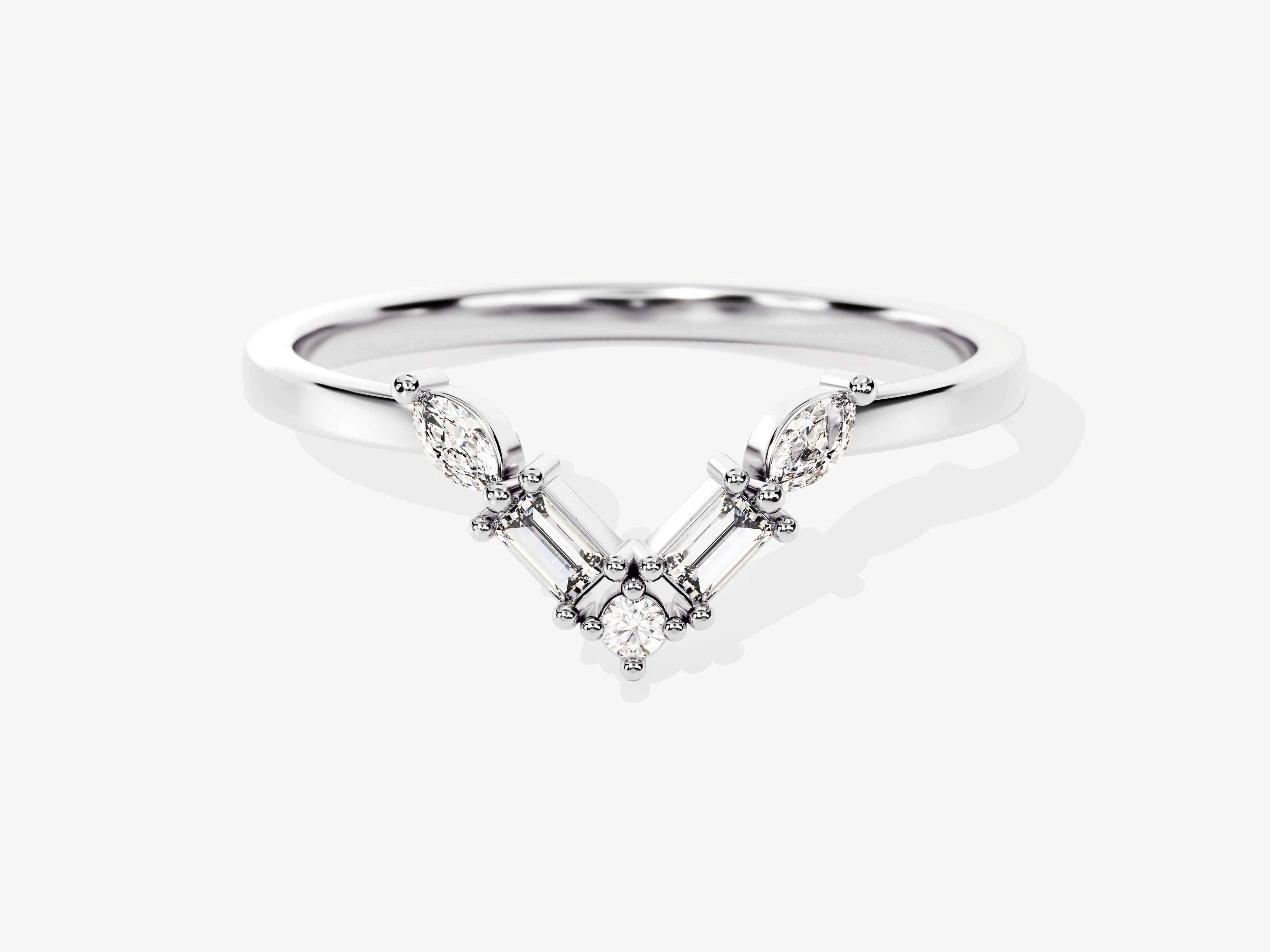 Diamond chevron ring, white gold, marquise and baguette cuts