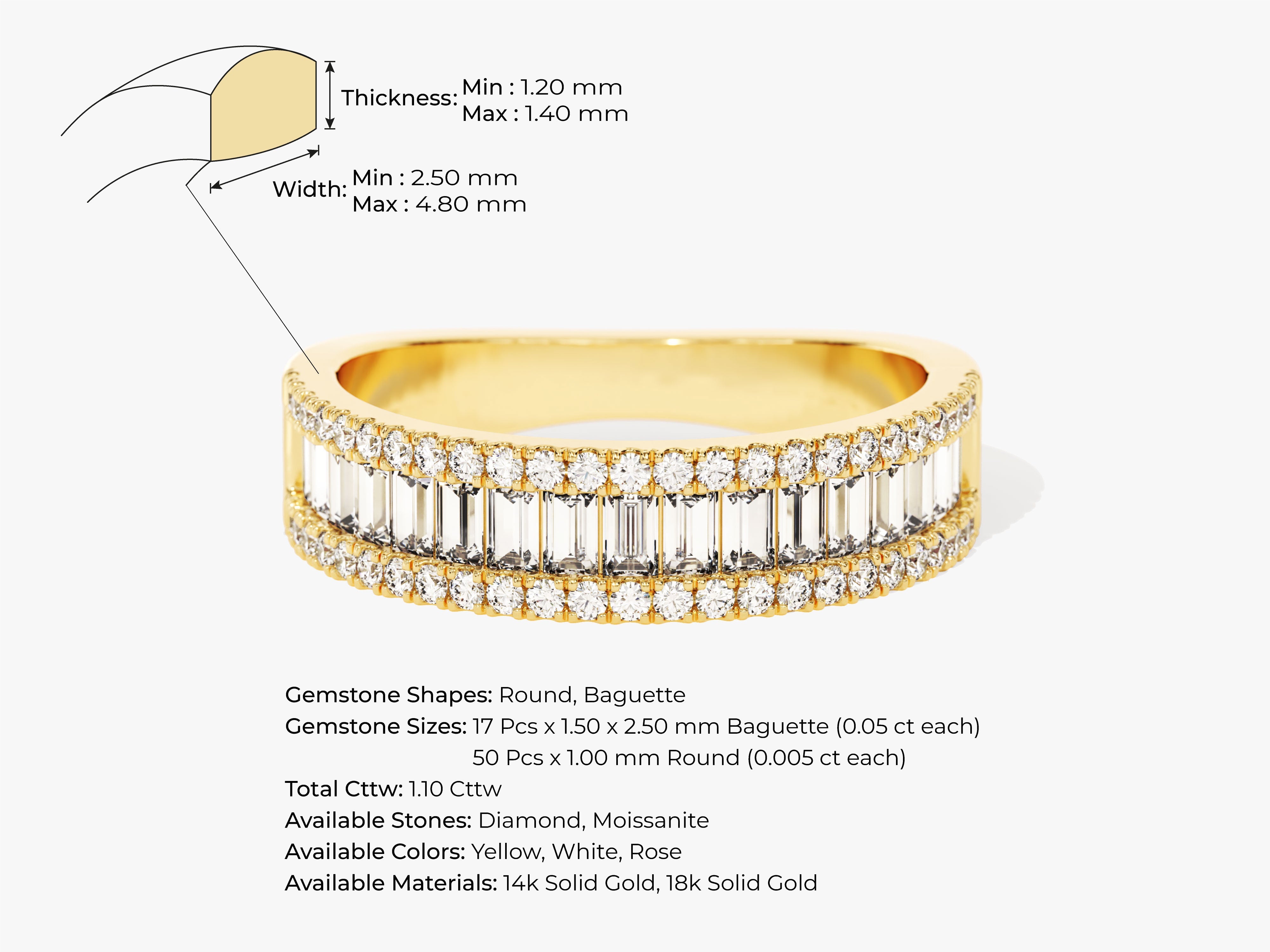 Diamond and baguette ring in yellow gold with detailed measurements
