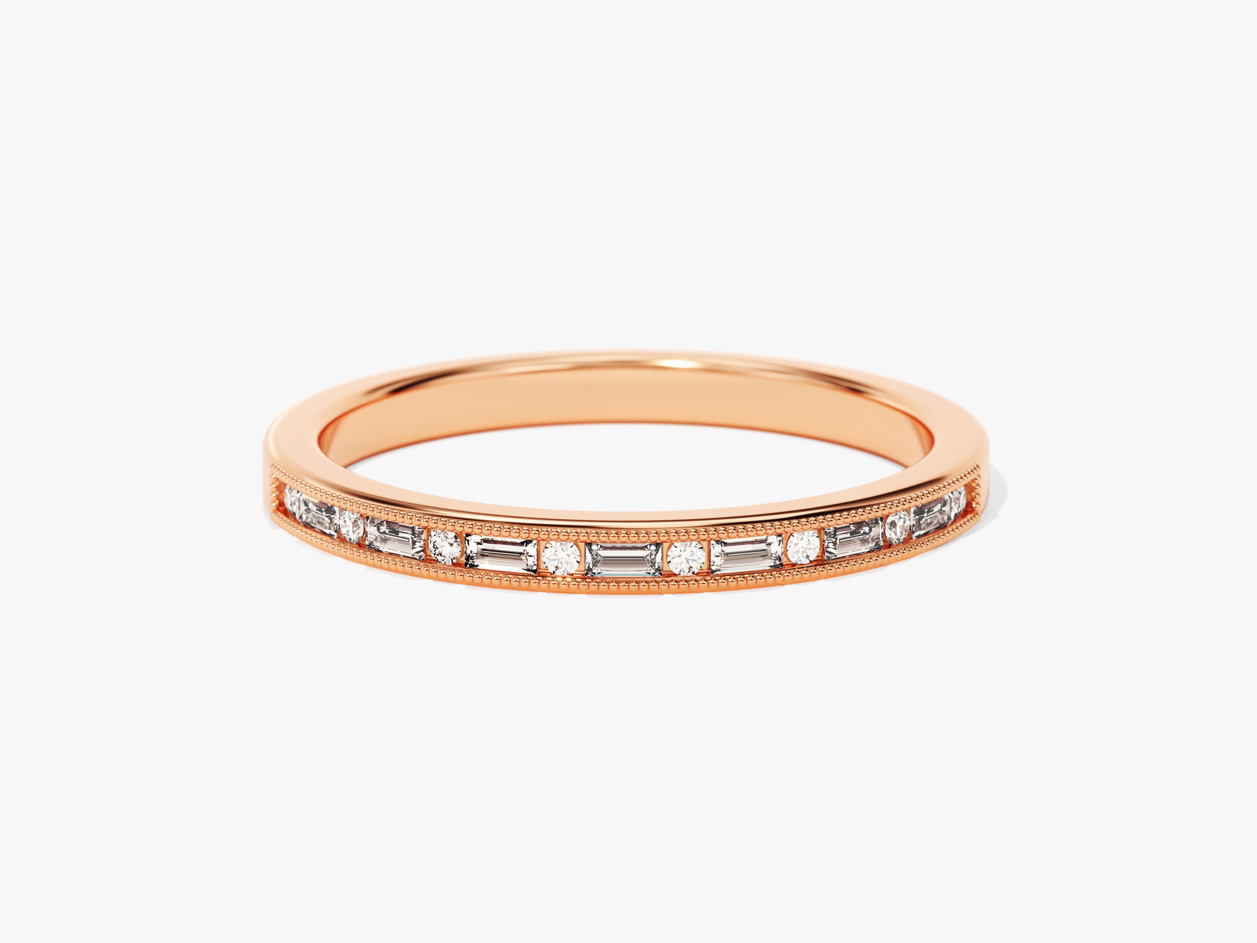 Rose gold band ring with channel-set diamonds and beaded edge