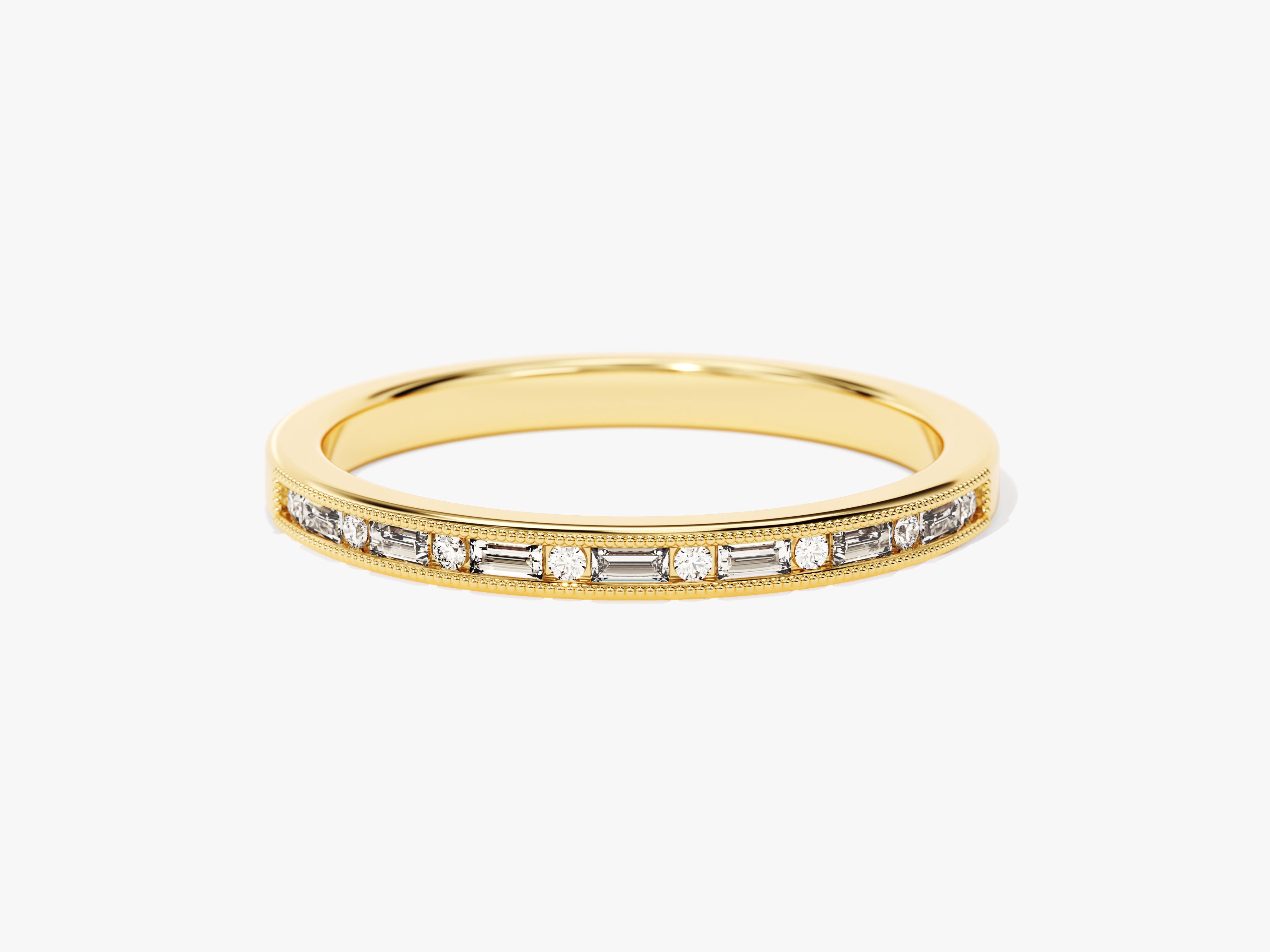 Gold band ring with channel-set diamonds and baguette diamonds