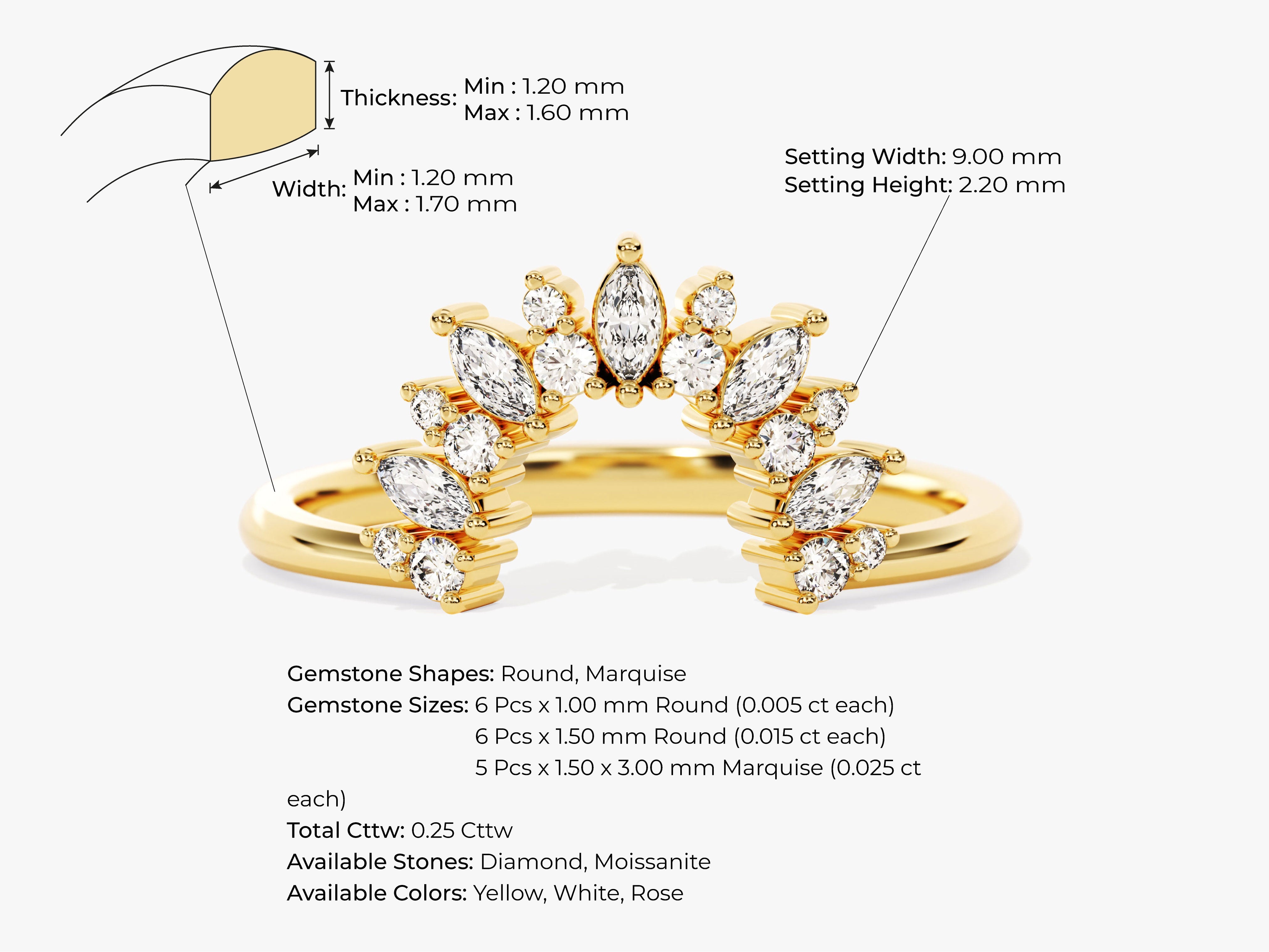 Diamond marquise and round gemstone gold ring with detailed specifications