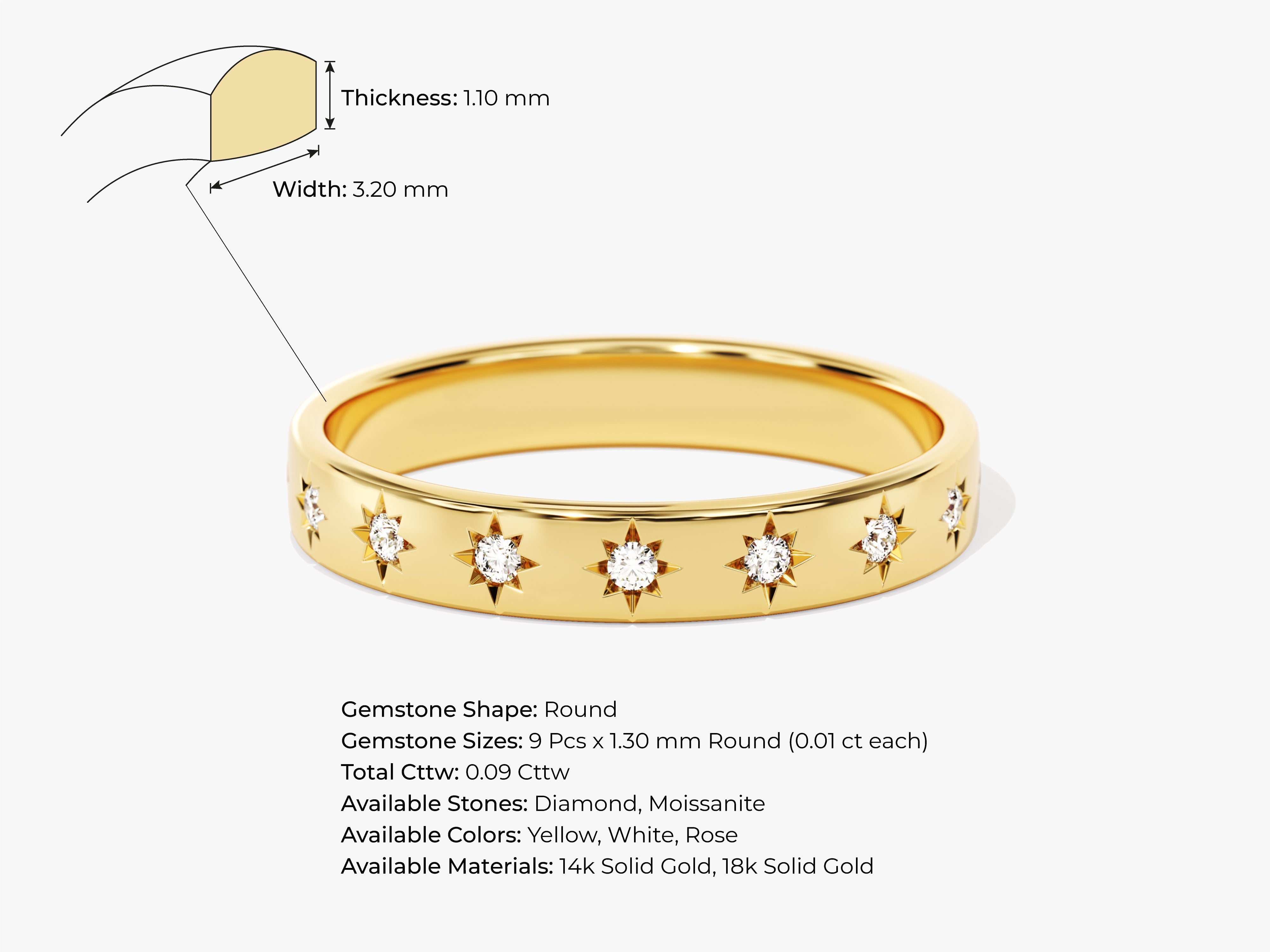 Gold band ring with star-set diamonds, jewelry, fine jewelry