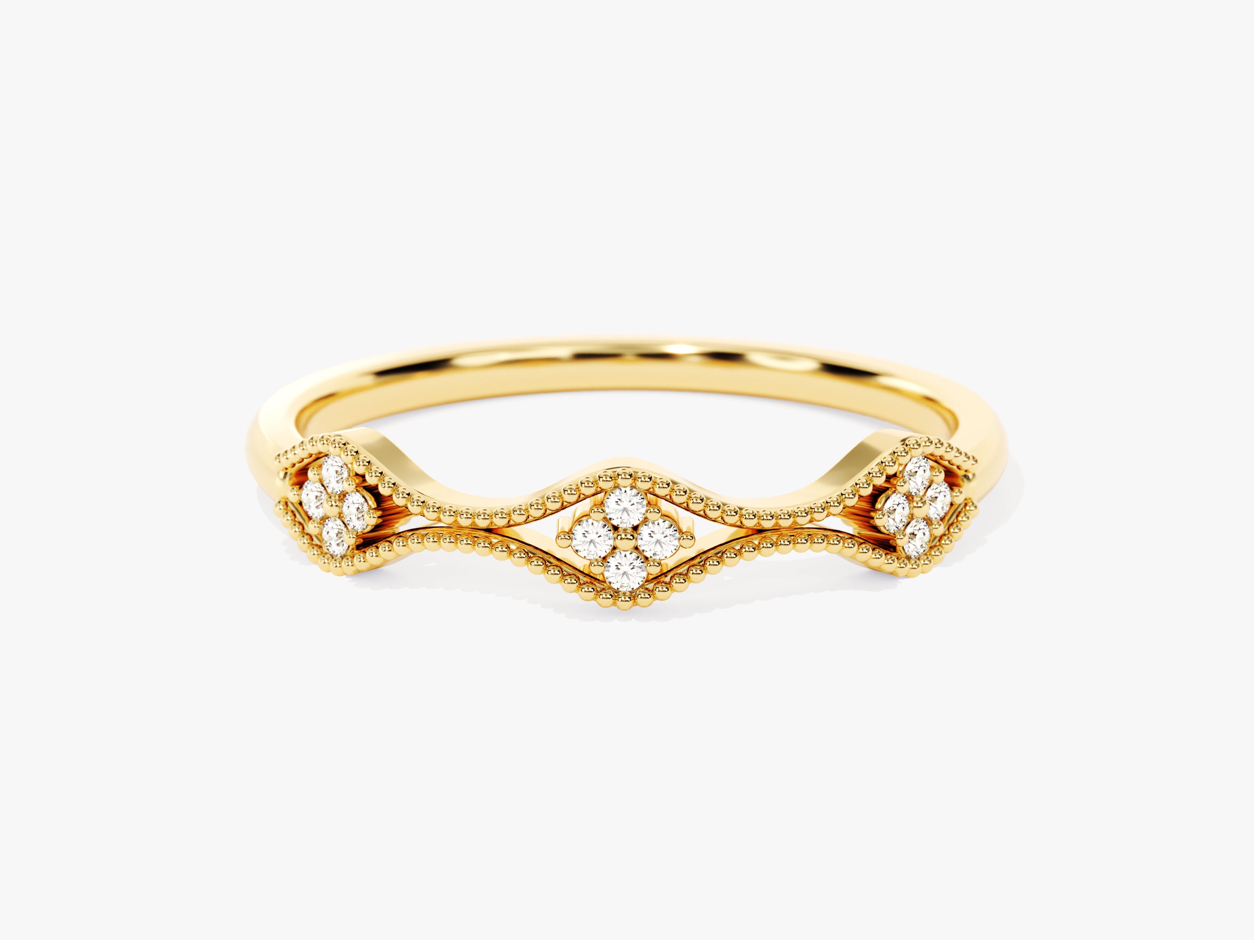 Gold diamond ring with beaded detail and intricate design
