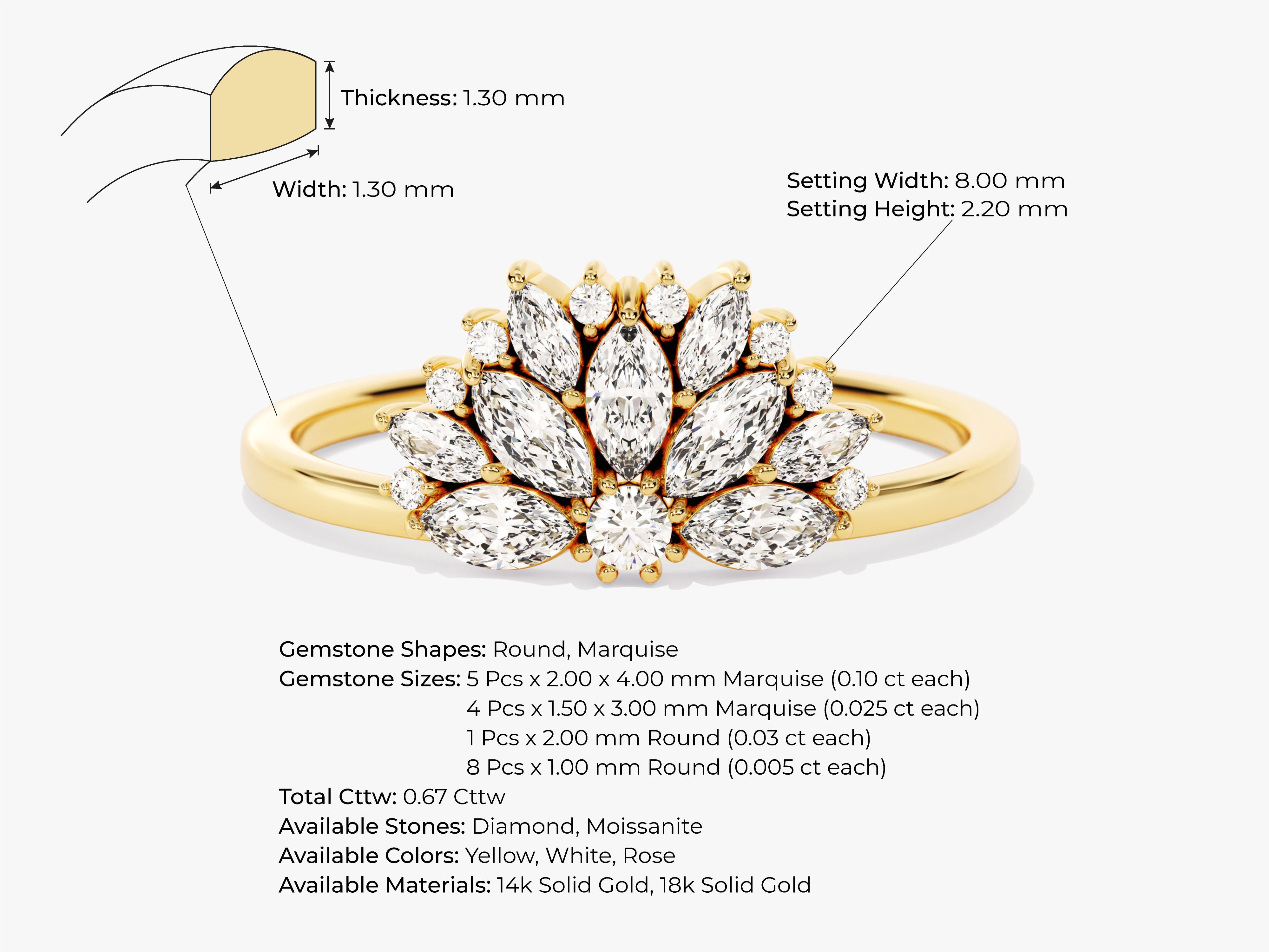 Gold ring with marquise and round diamonds, jewelry product