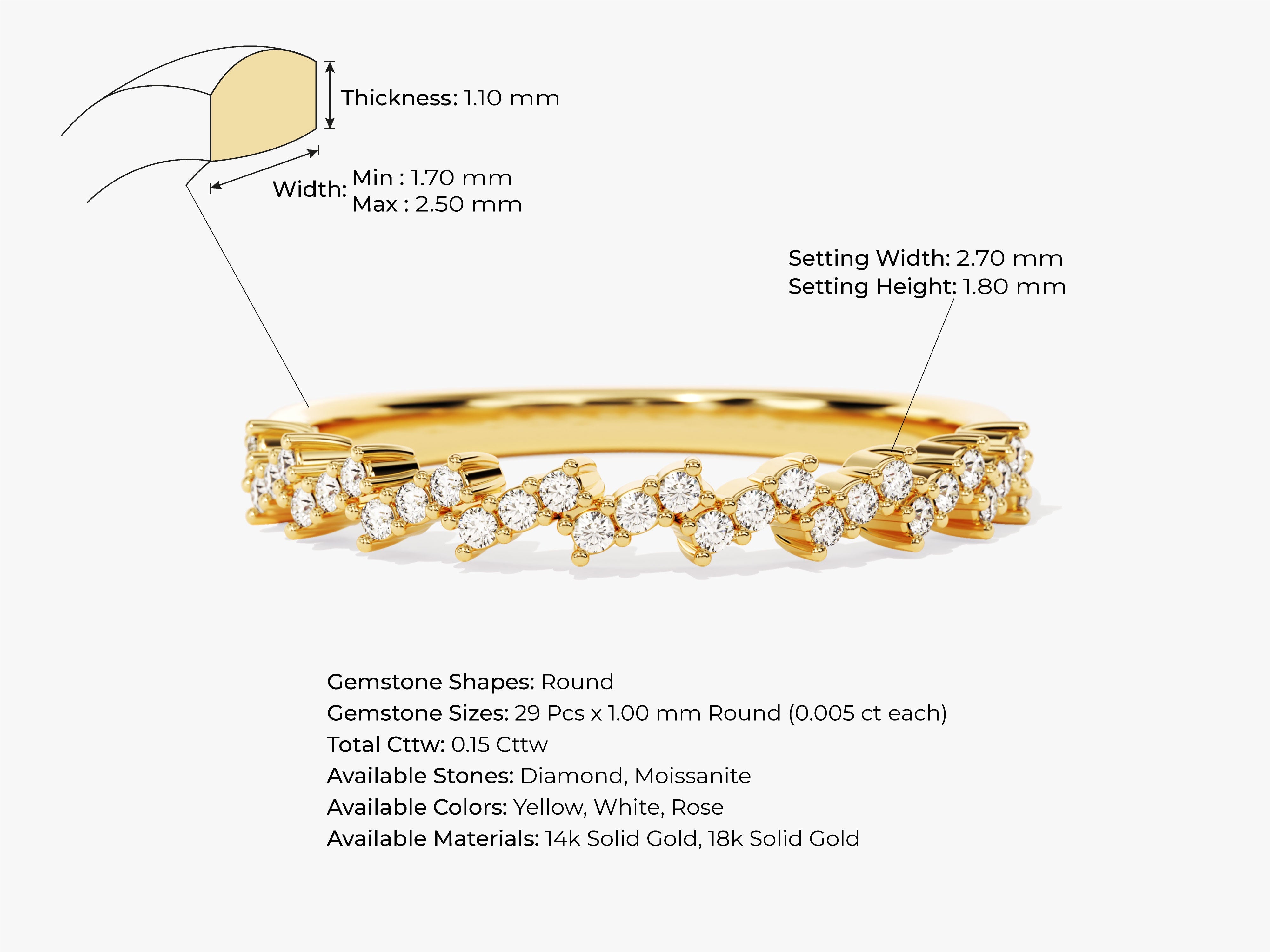 Diamond and moissanite band ring in 14k or 18k gold