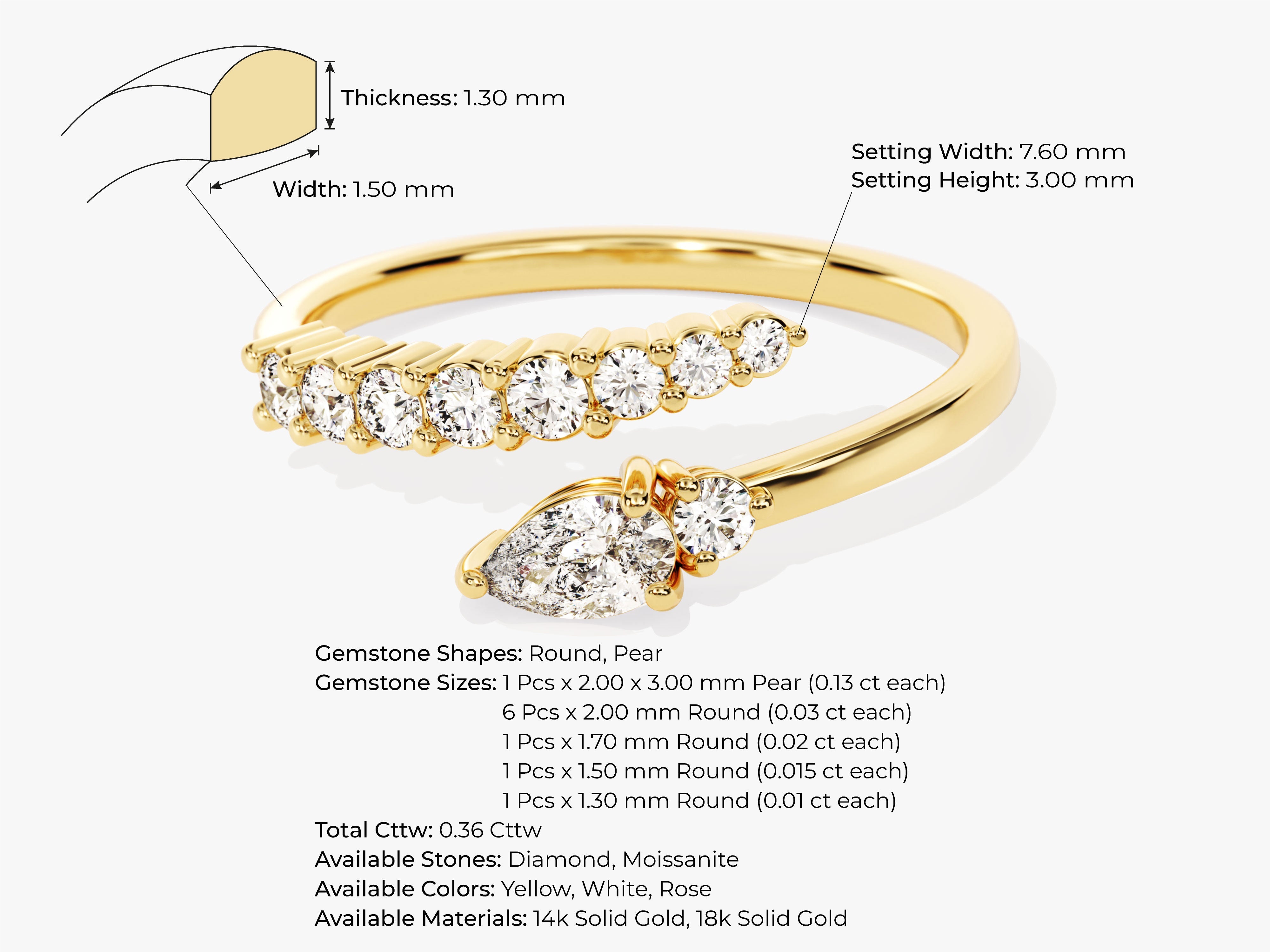 Gold bypass ring with diamonds and pear-shaped stone