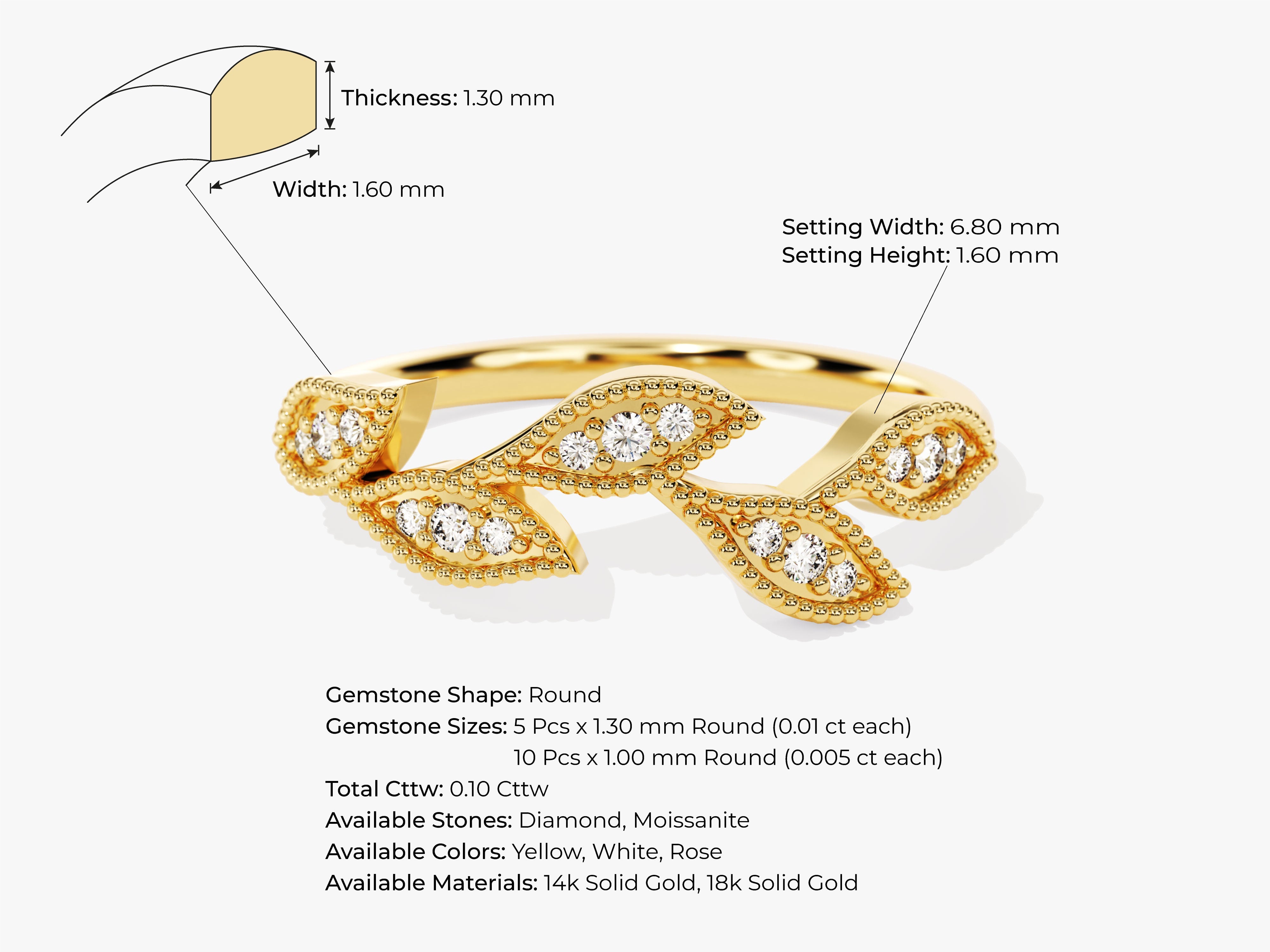 Diamond leaf ring in yellow gold, jewelry details