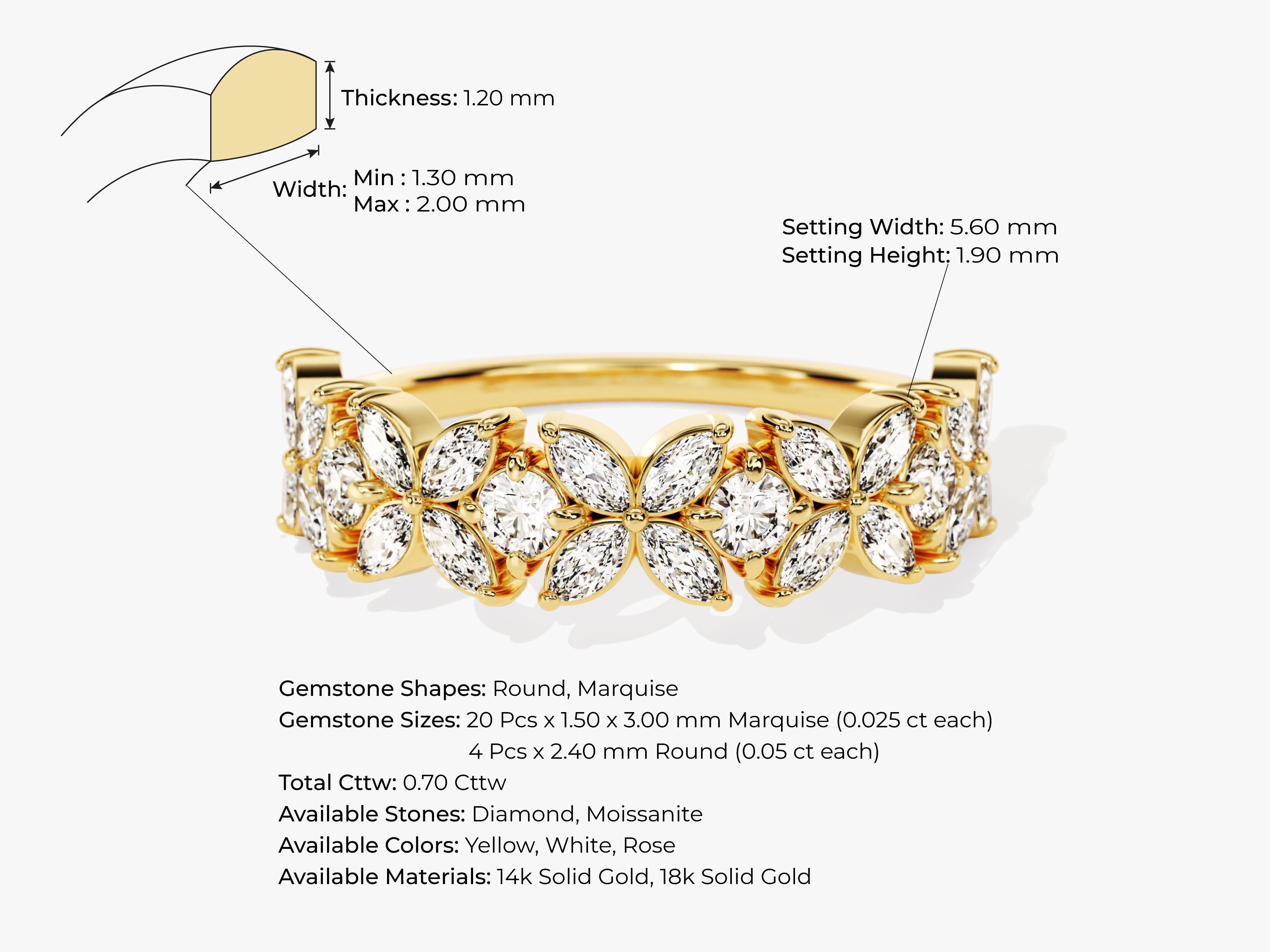 Gold ring with marquise and round diamonds, floral design