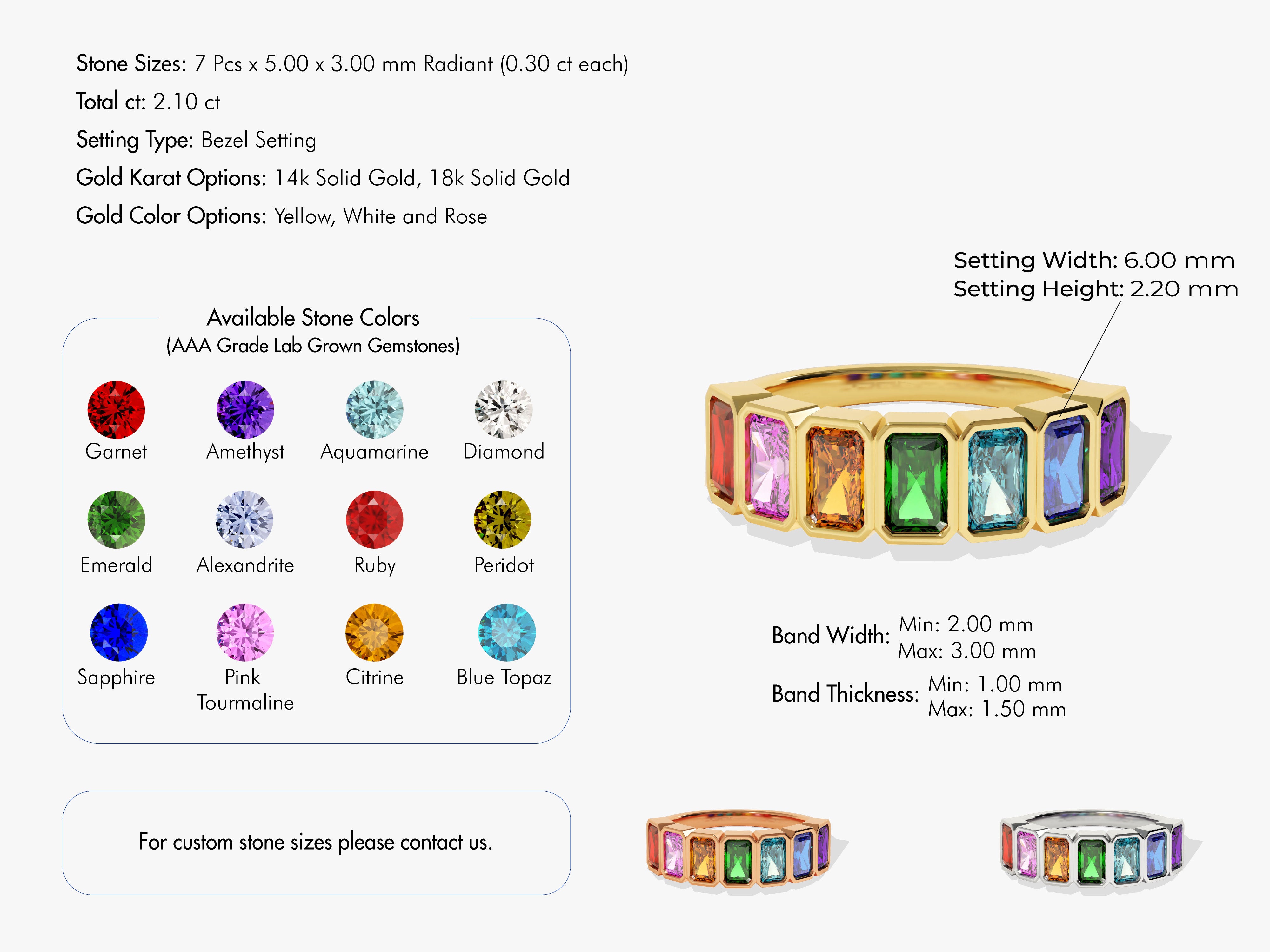 Multi-gemstone bezel set ring in gold, available in various colors