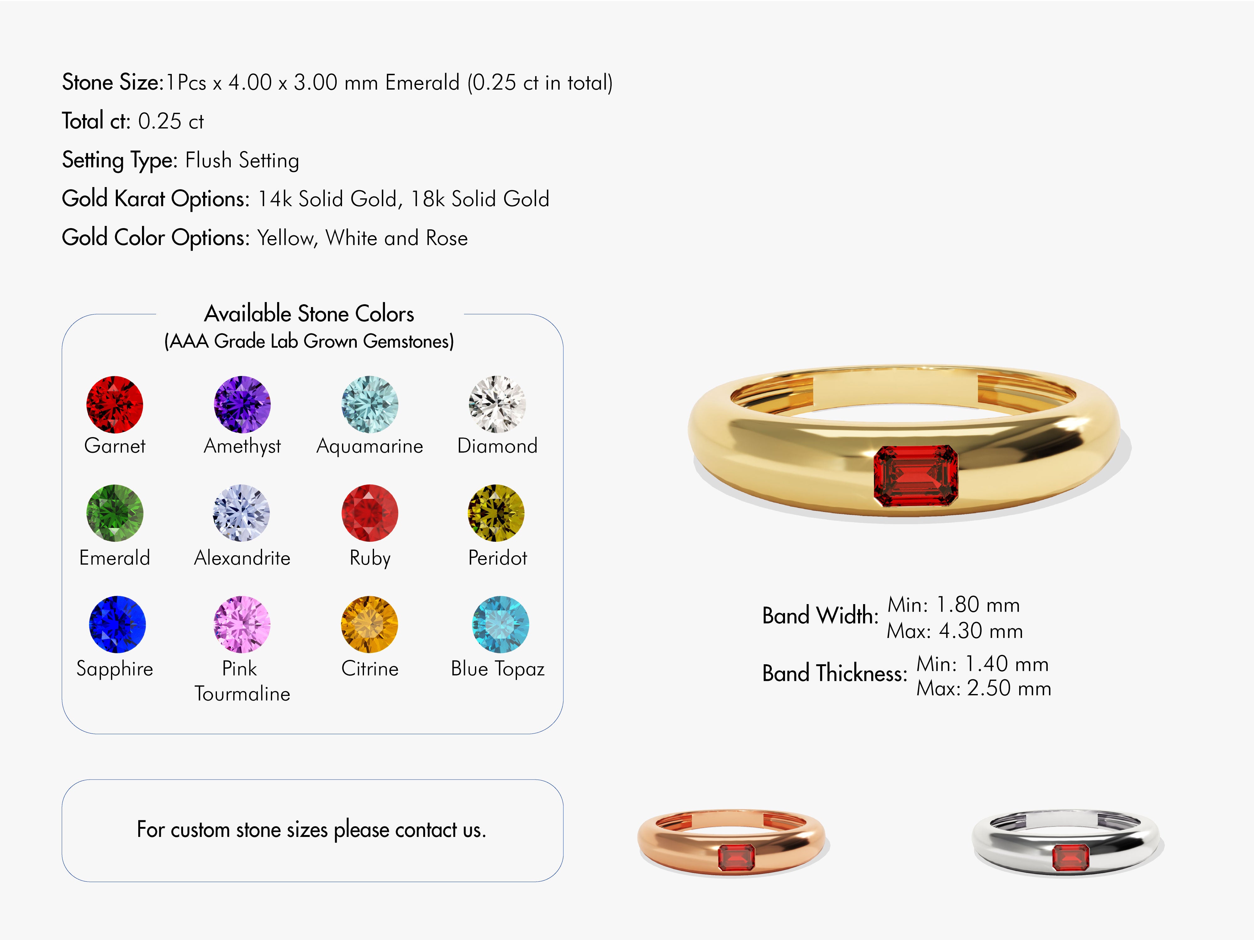 Gold ring with emerald gemstone, available in multiple gold colors and stones