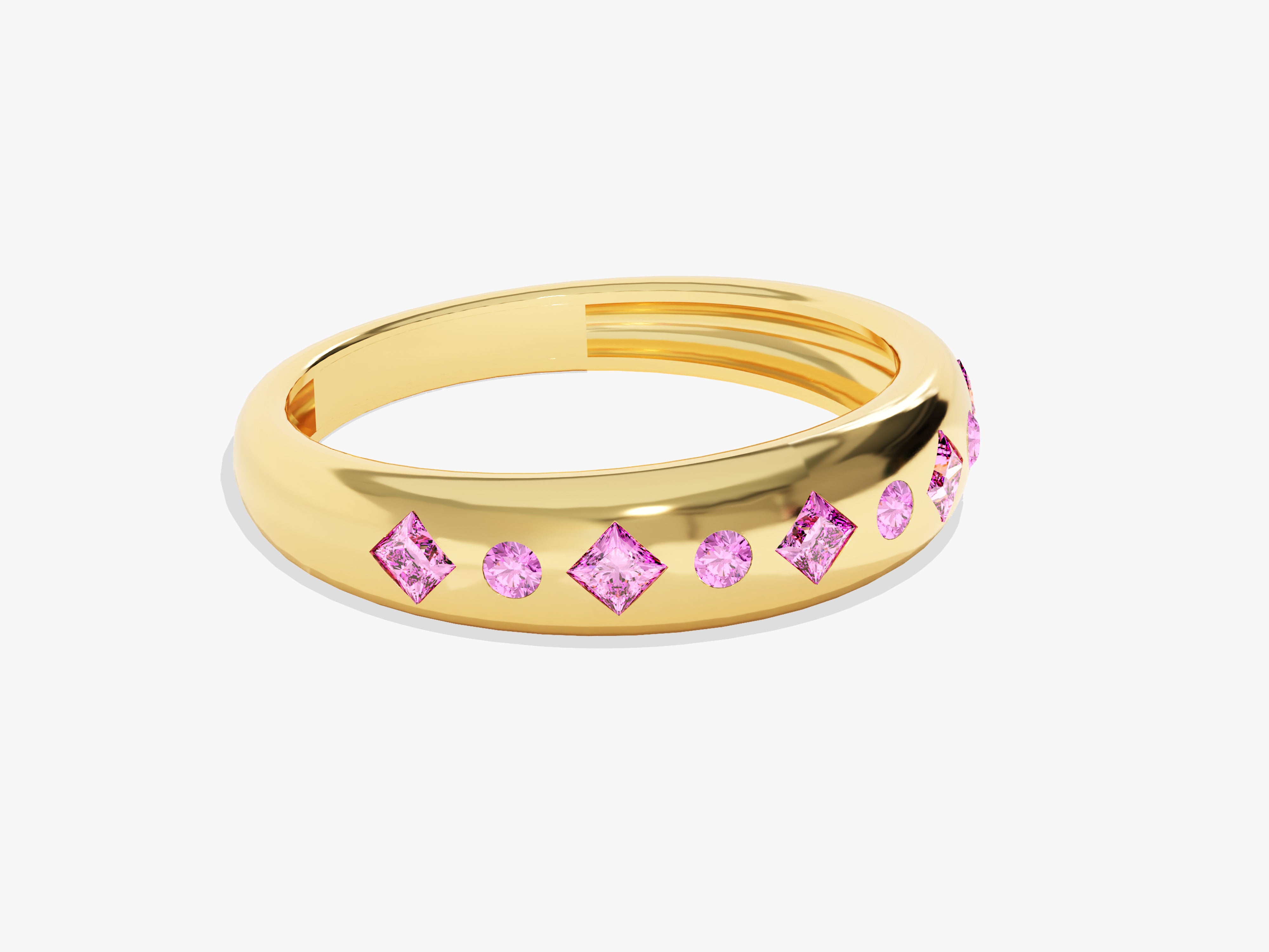 Gold ring with pink princess and round cut gemstones