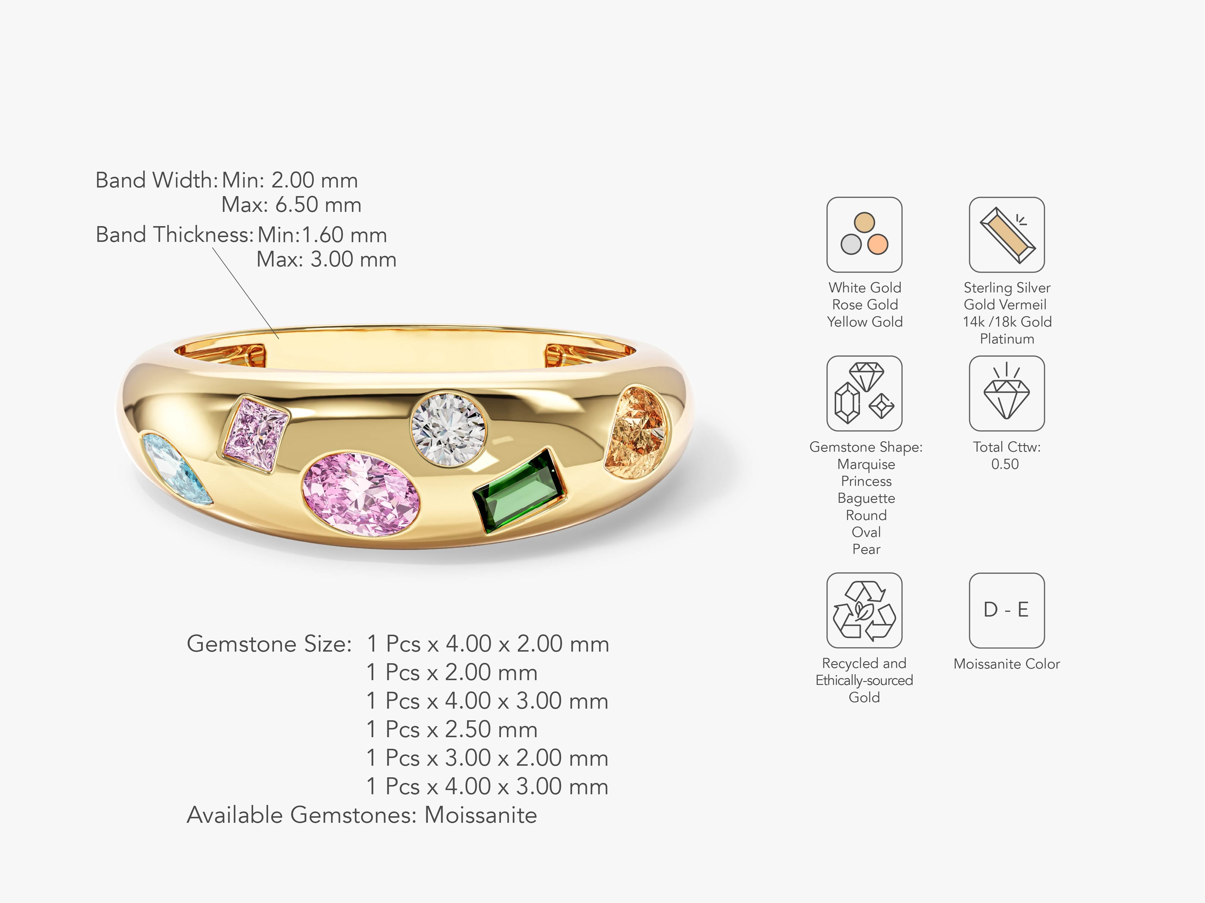 Gold ring with assorted moissanite gemstones, jewelry design