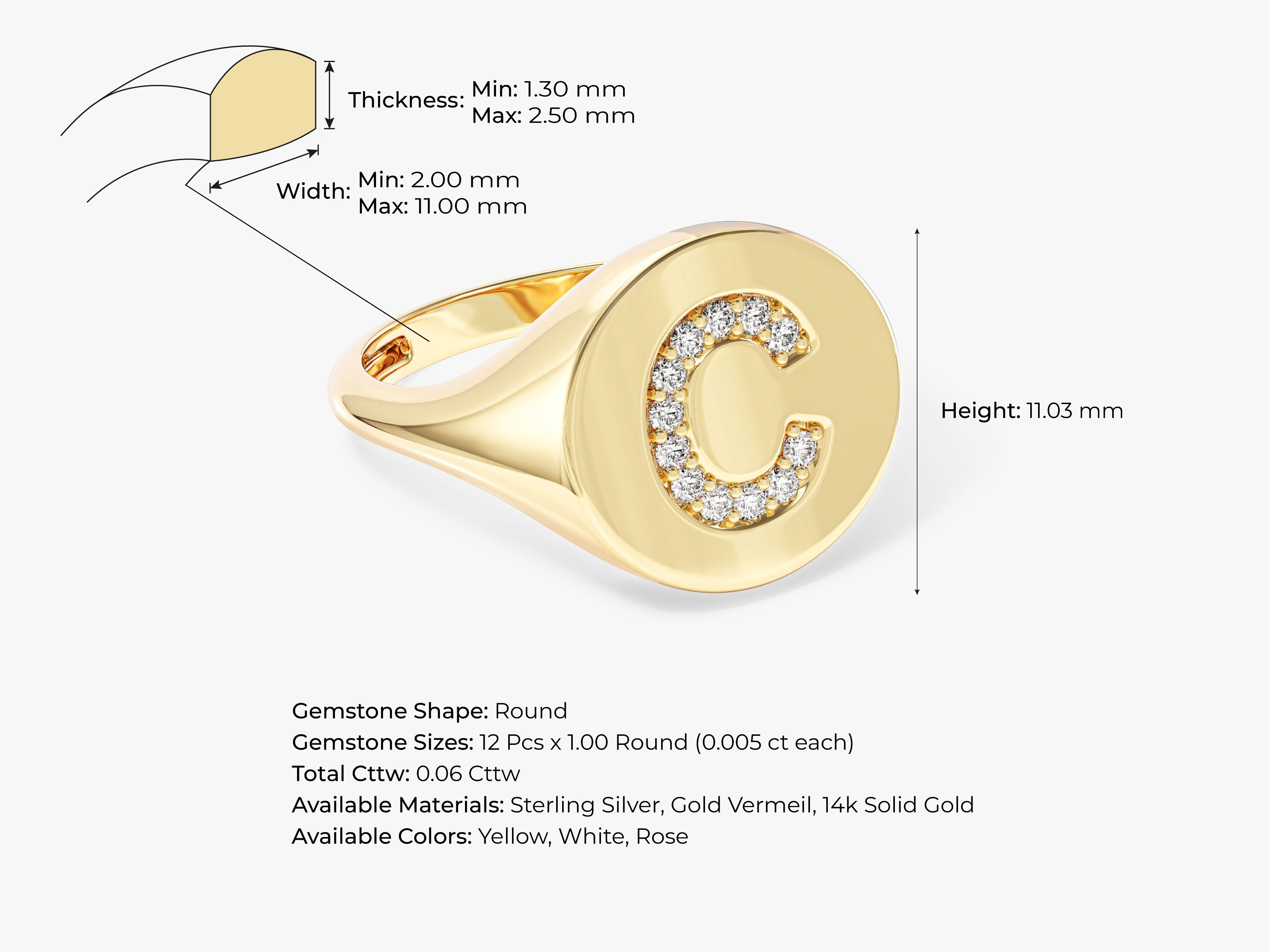 Gold signet ring with diamond initial C, jewelry product details