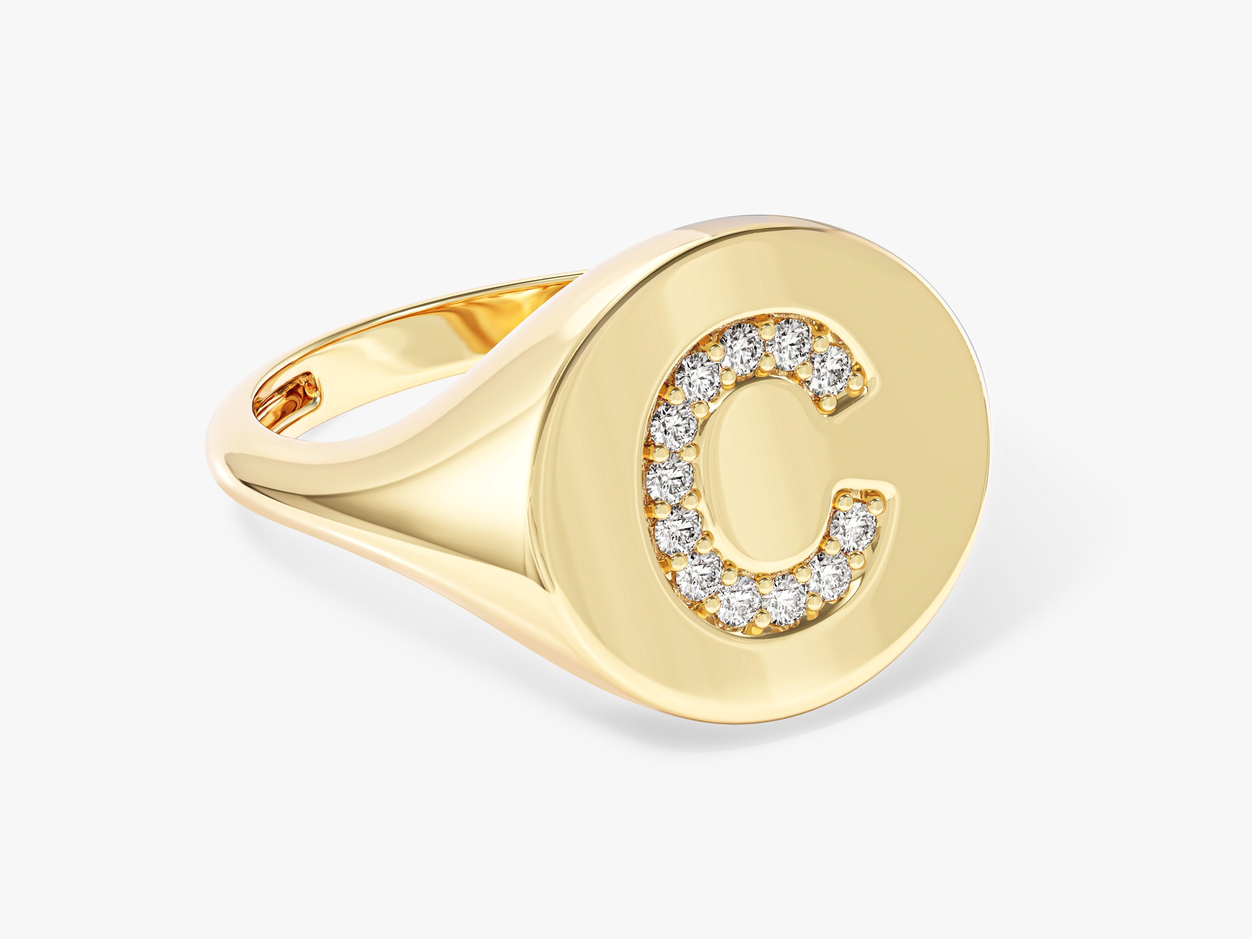 Gold signet ring with diamond letter C initial jewelry