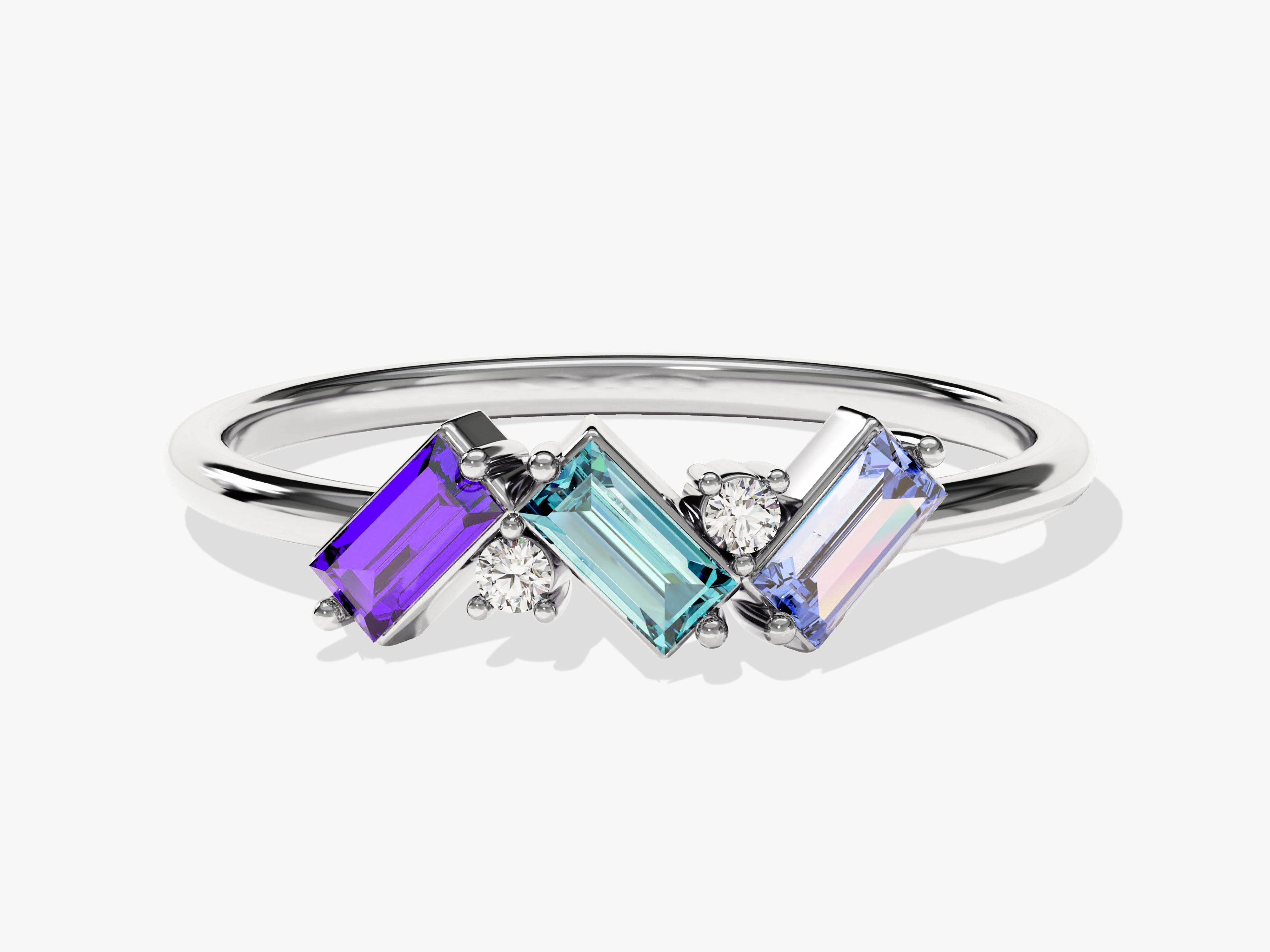 Jewelry ring with baguette cut amethyst, aquamarine, and tanzanite stones