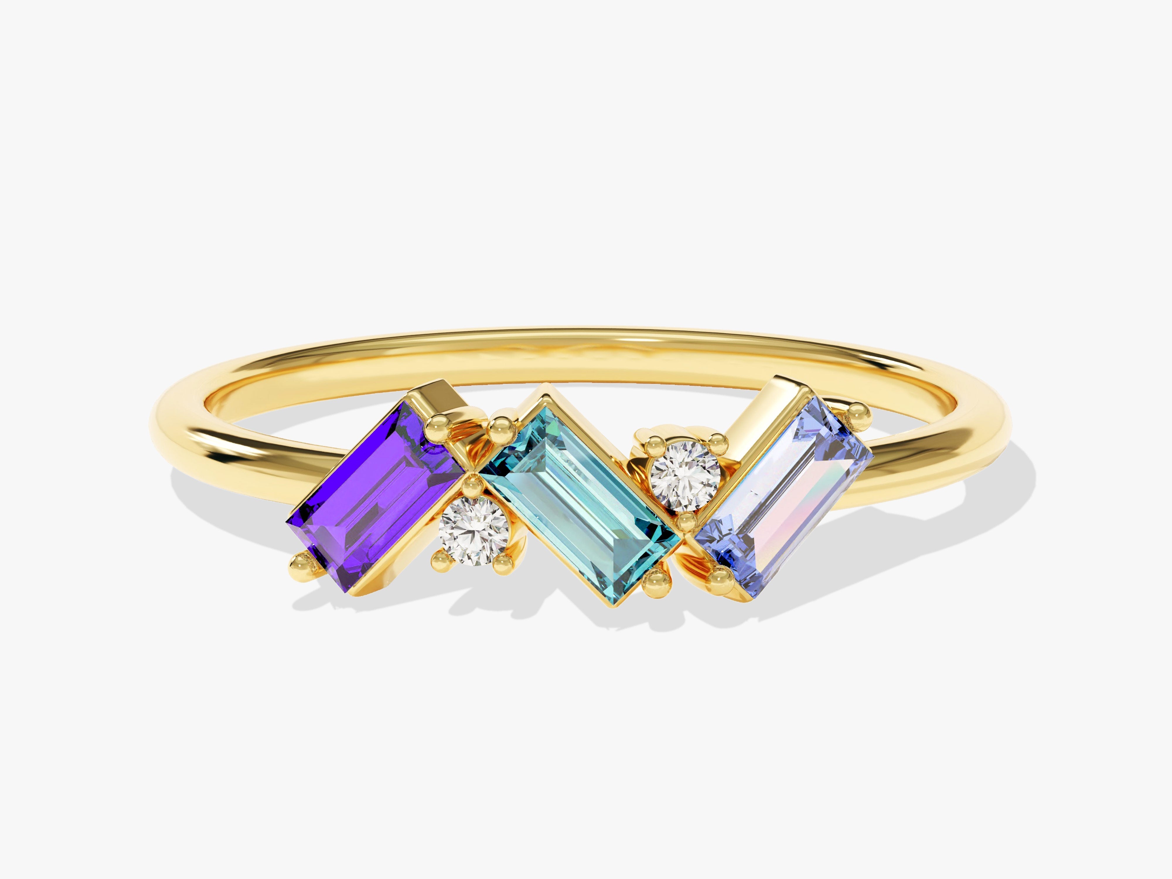 Gold ring with baguette amethyst, aquamarine, and tanzanite gems