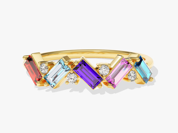 Baguette Family Birthstone Ring in 14K Solid Gold