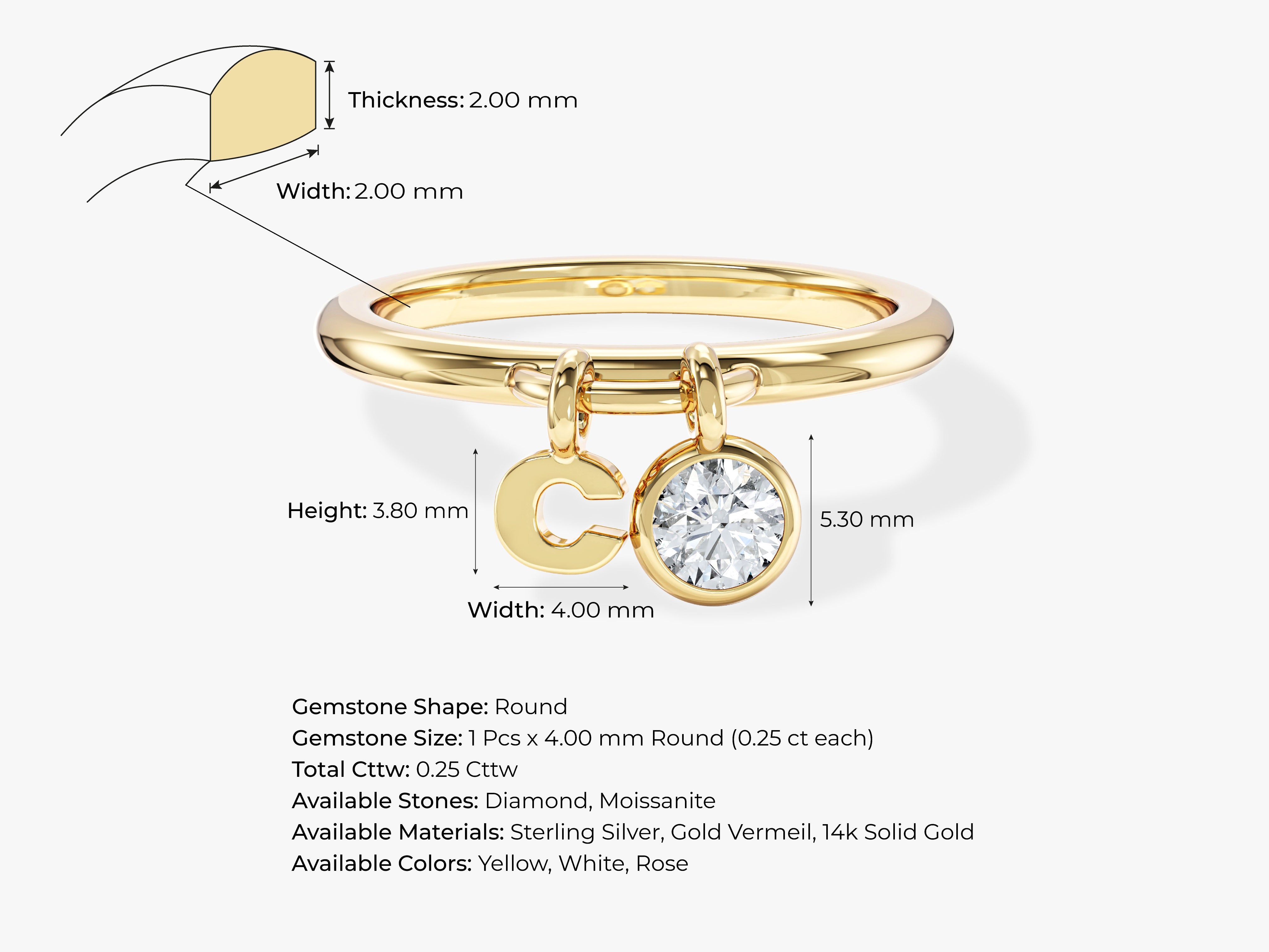 Gold initial 'C' charm ring with diamond gemstone