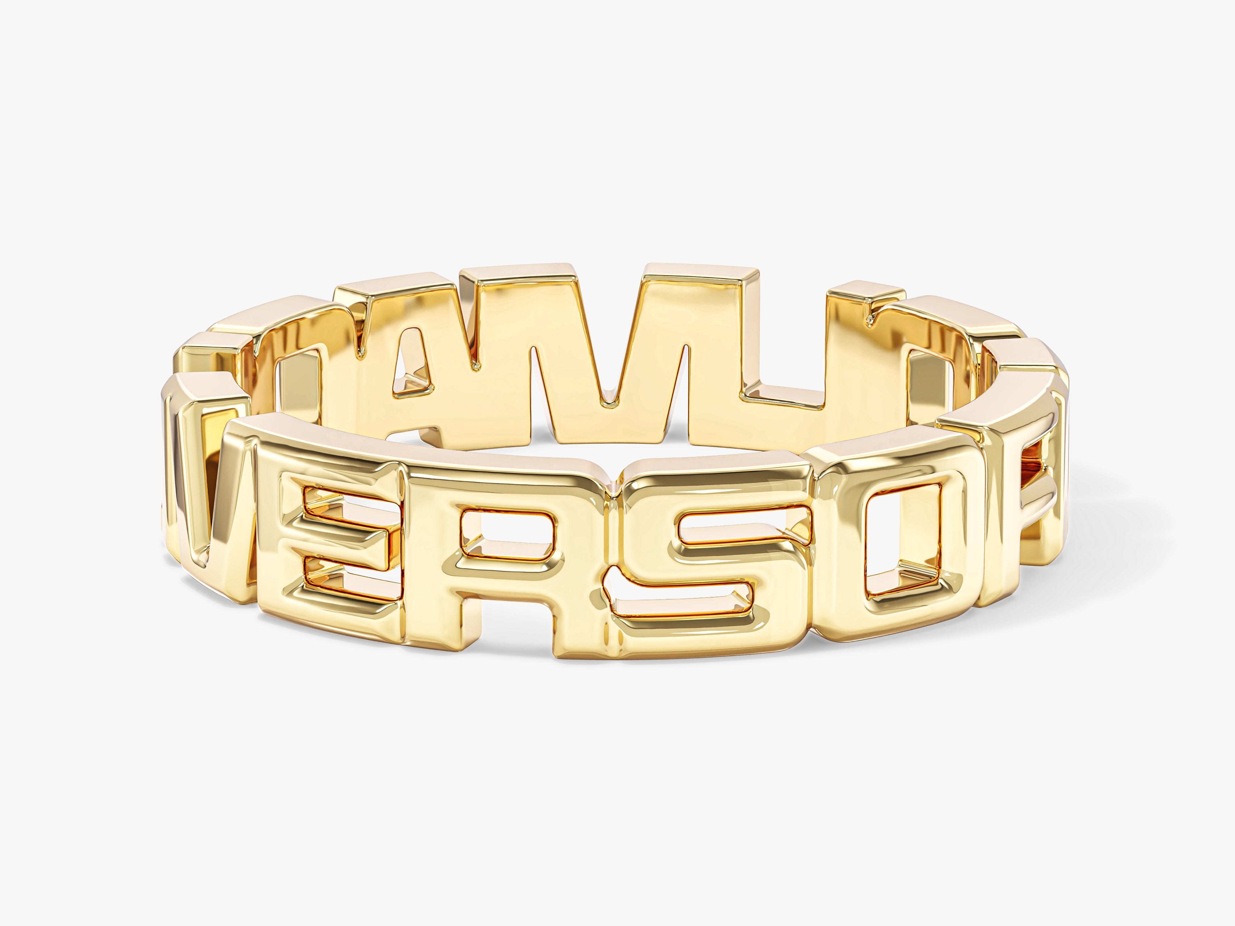 Gold chain bracelet with bold block letters spelling "VERSACE"