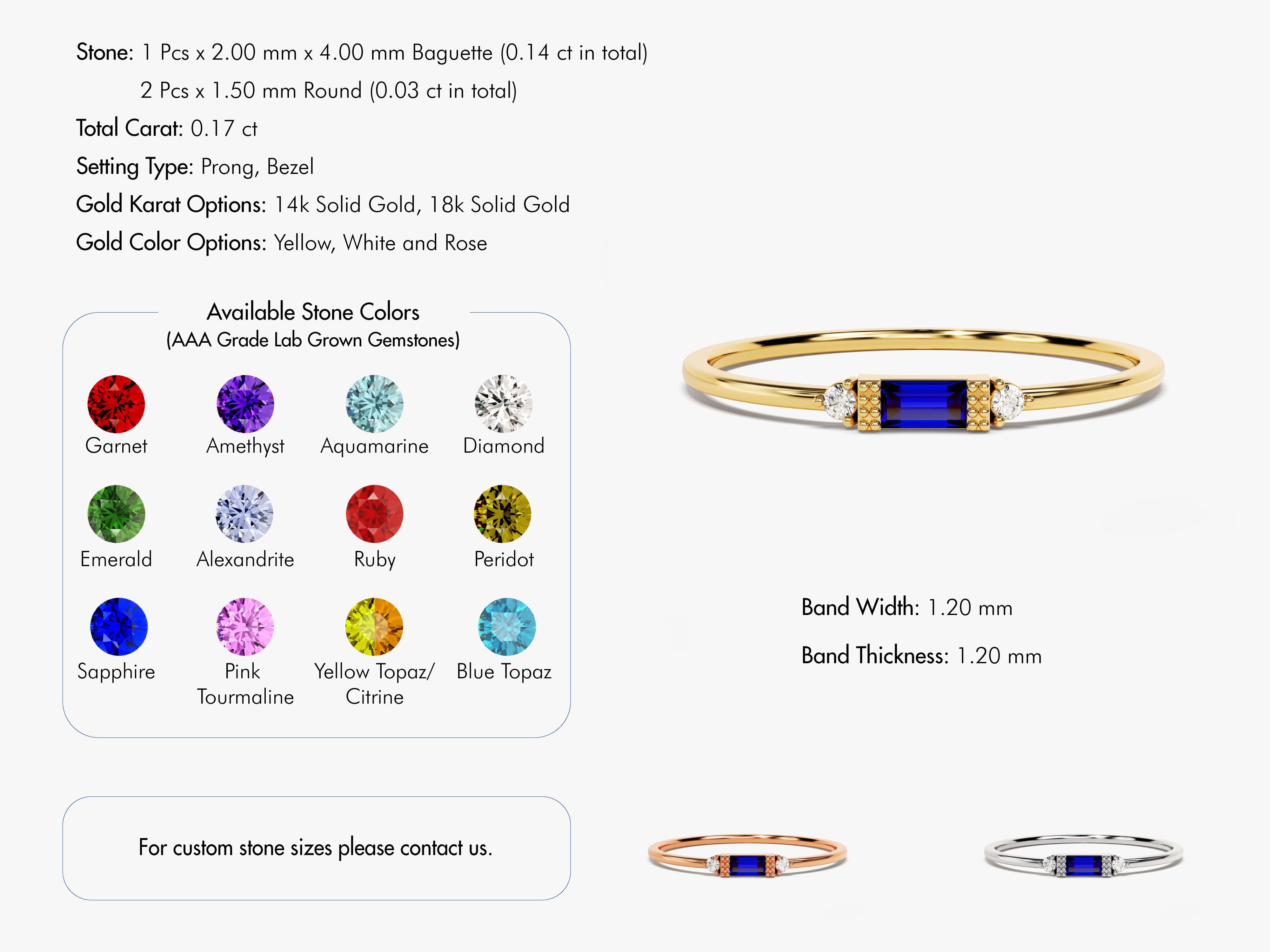 Baguette sapphire and diamond ring, available in gold karats and colors