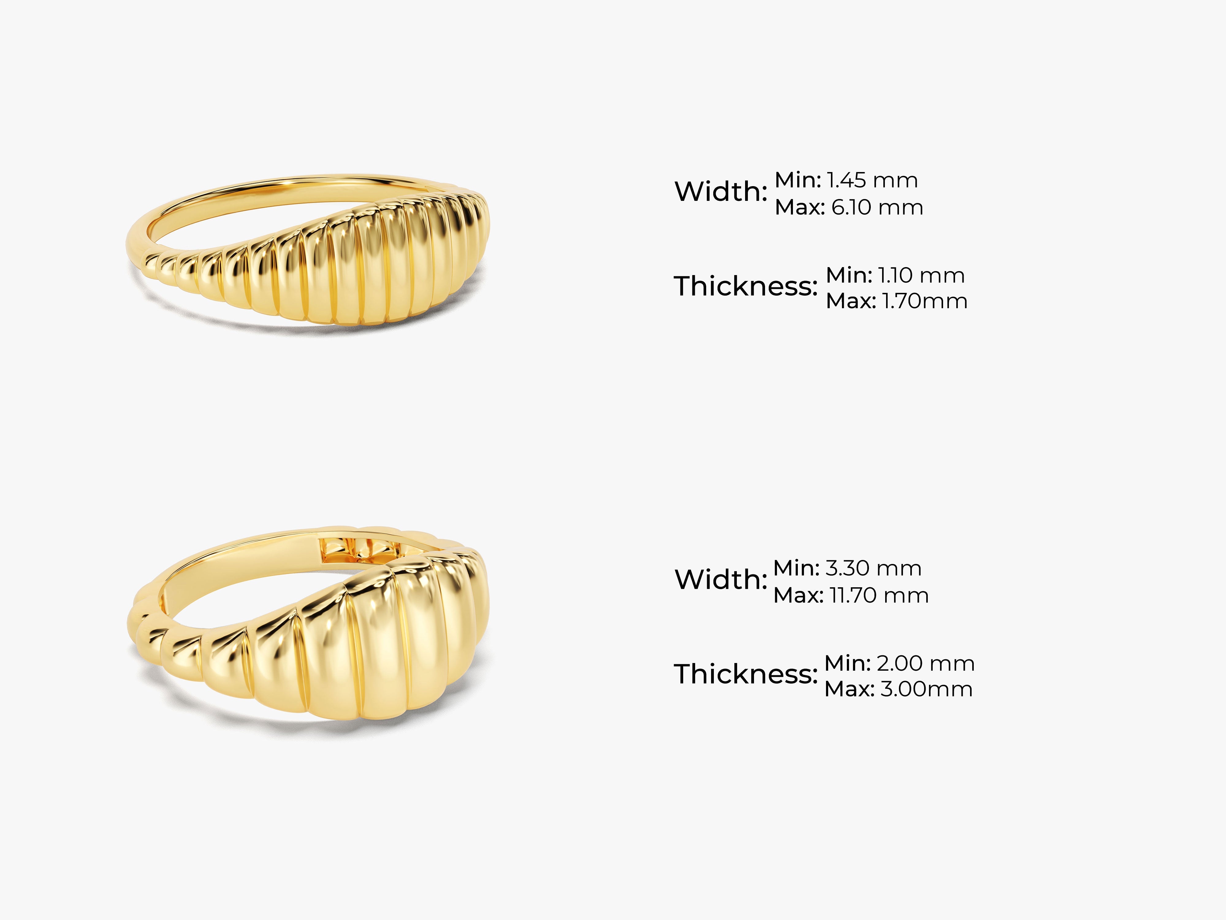 Gold ribbed ring jewelry with dimensions