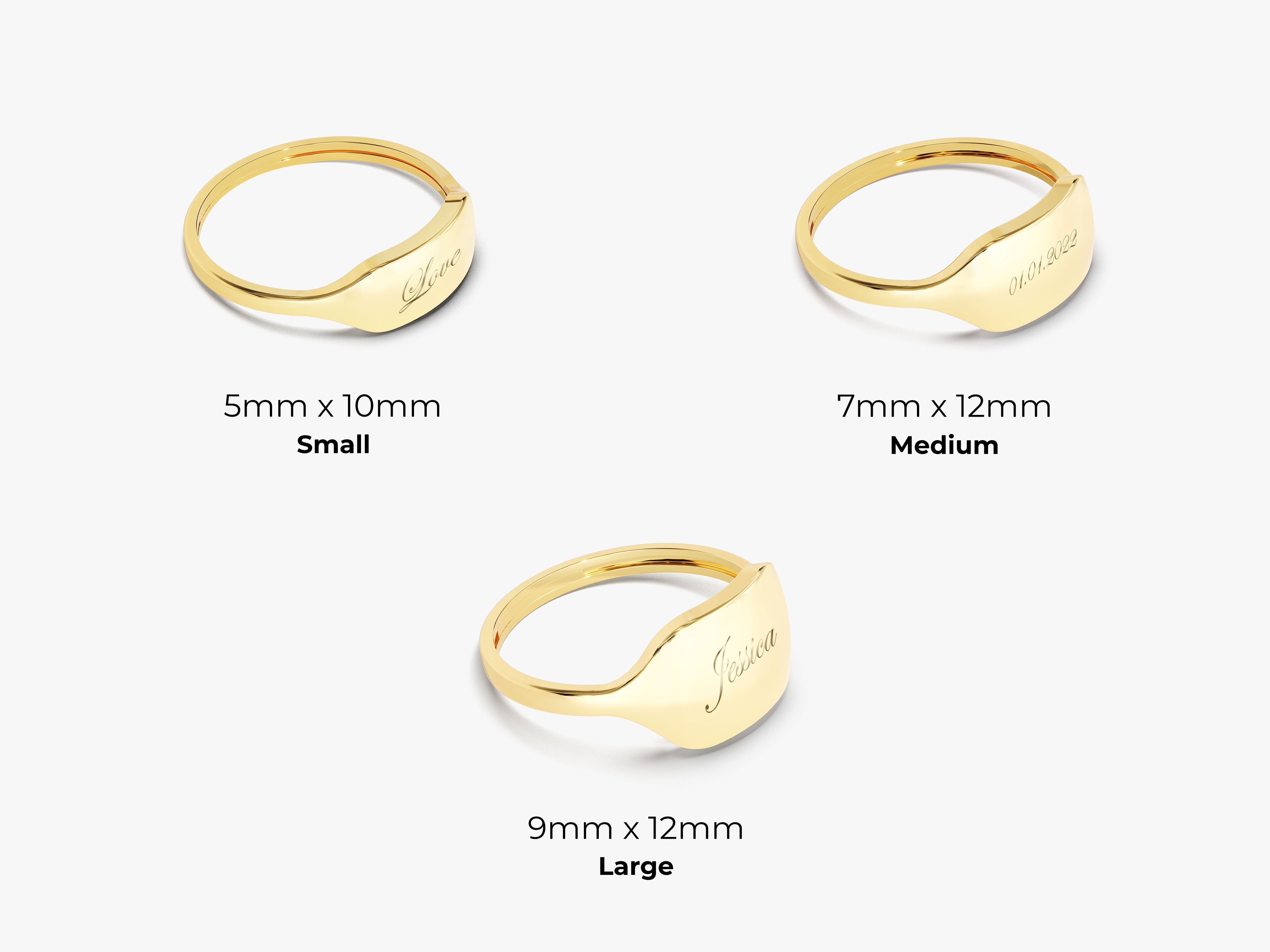 Gold signet rings with custom engraving in three sizes