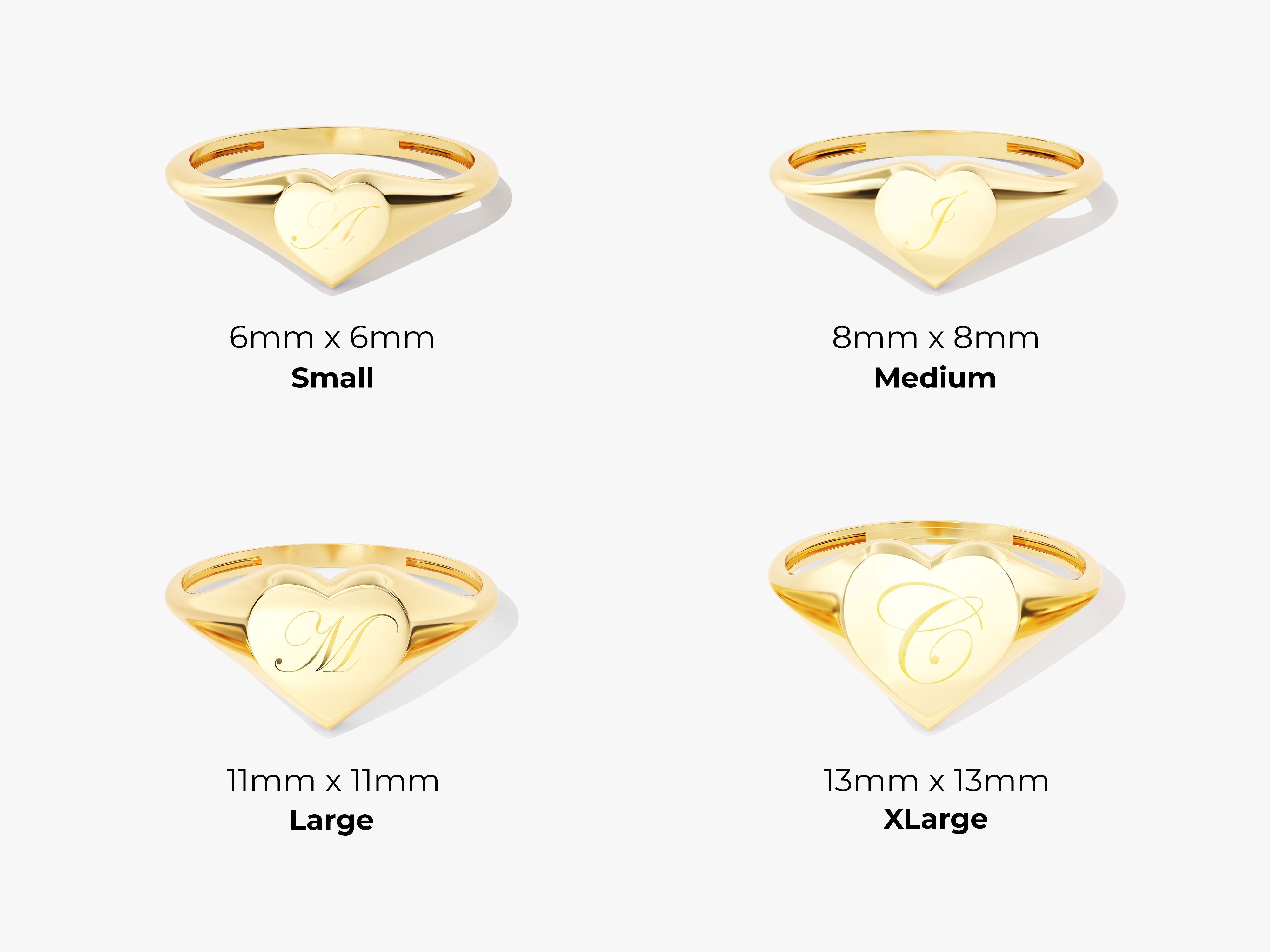 Gold heart signet rings with initial engraving, available in four sizes