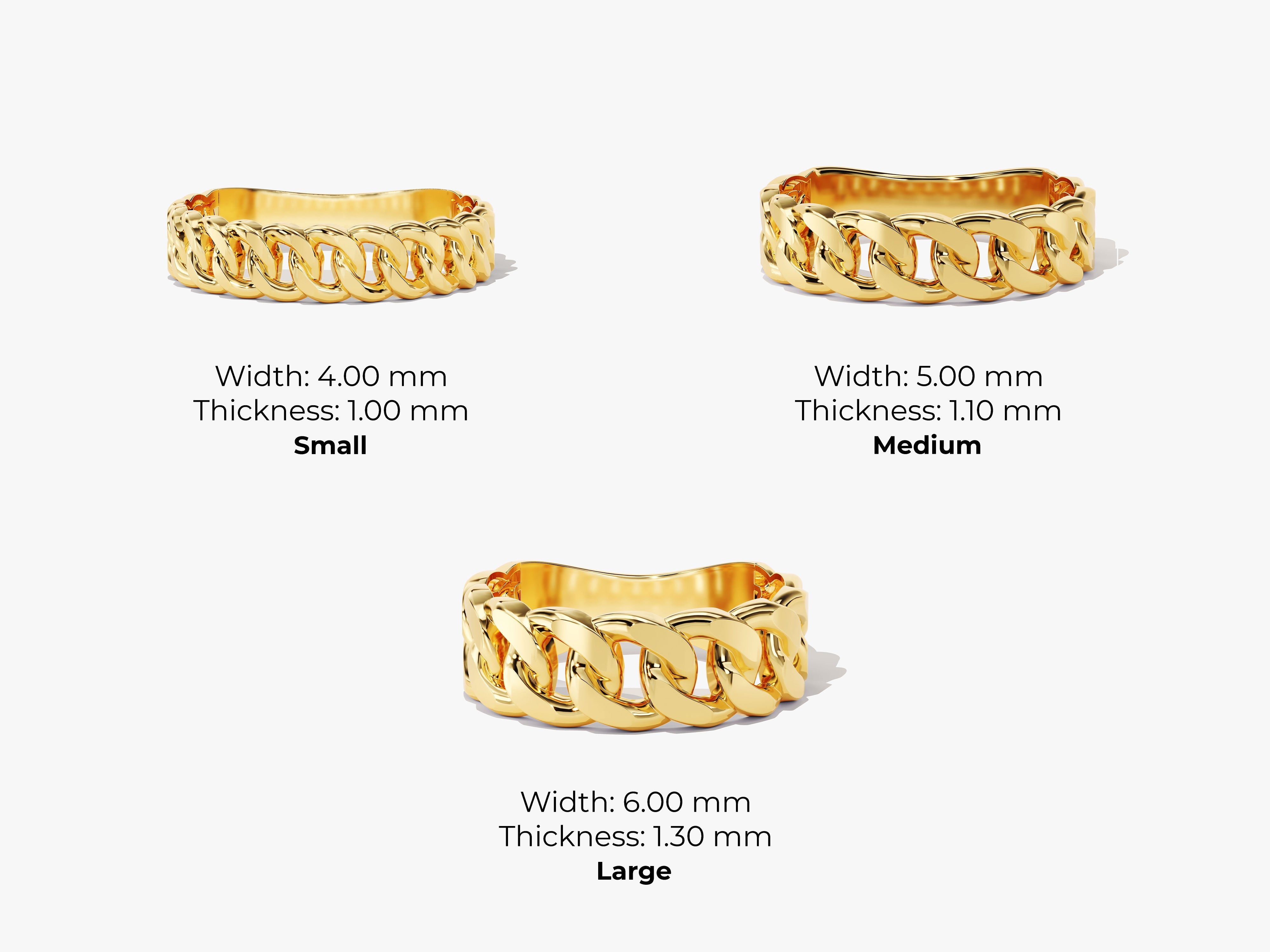 Gold curb chain rings in small, medium, and large sizes