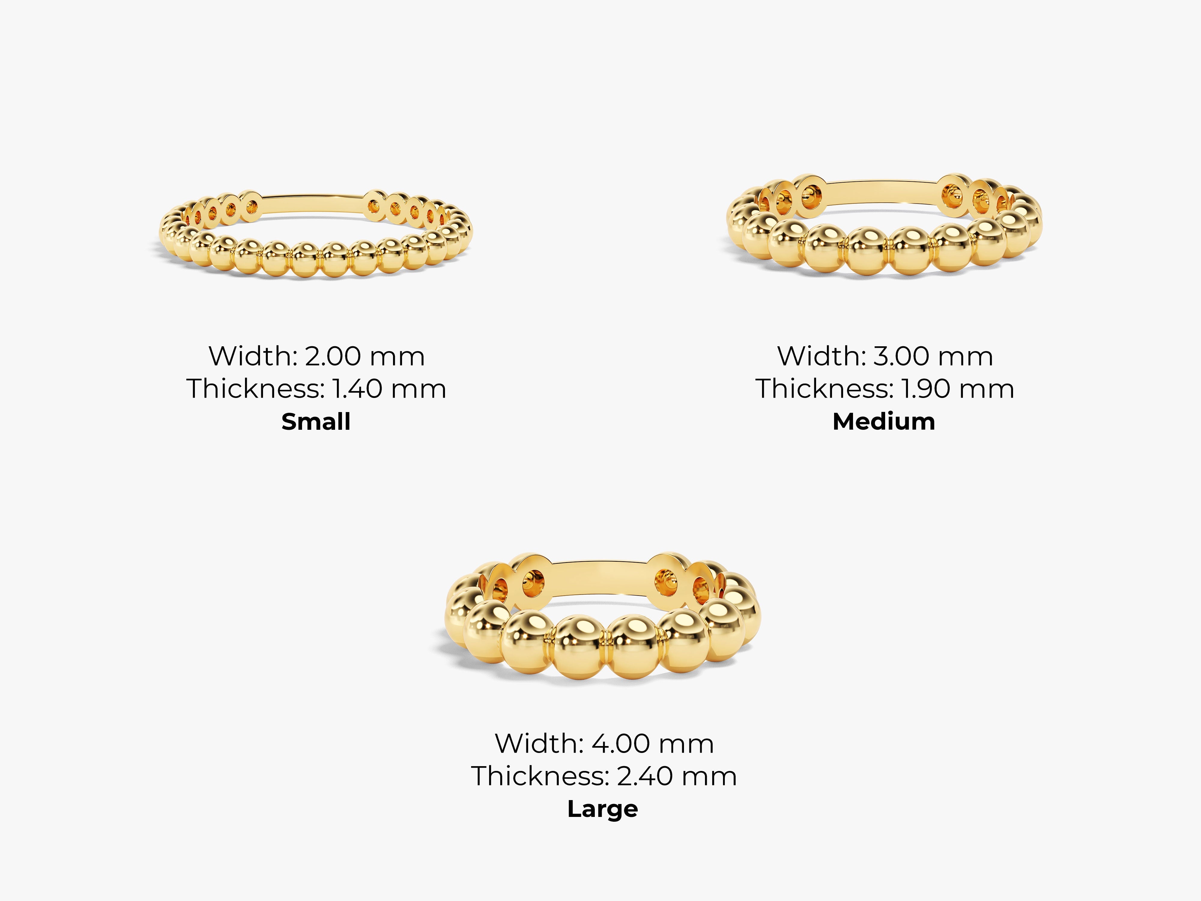 Gold beaded ring collection from jewelry company, showing small, medium, and large sizes