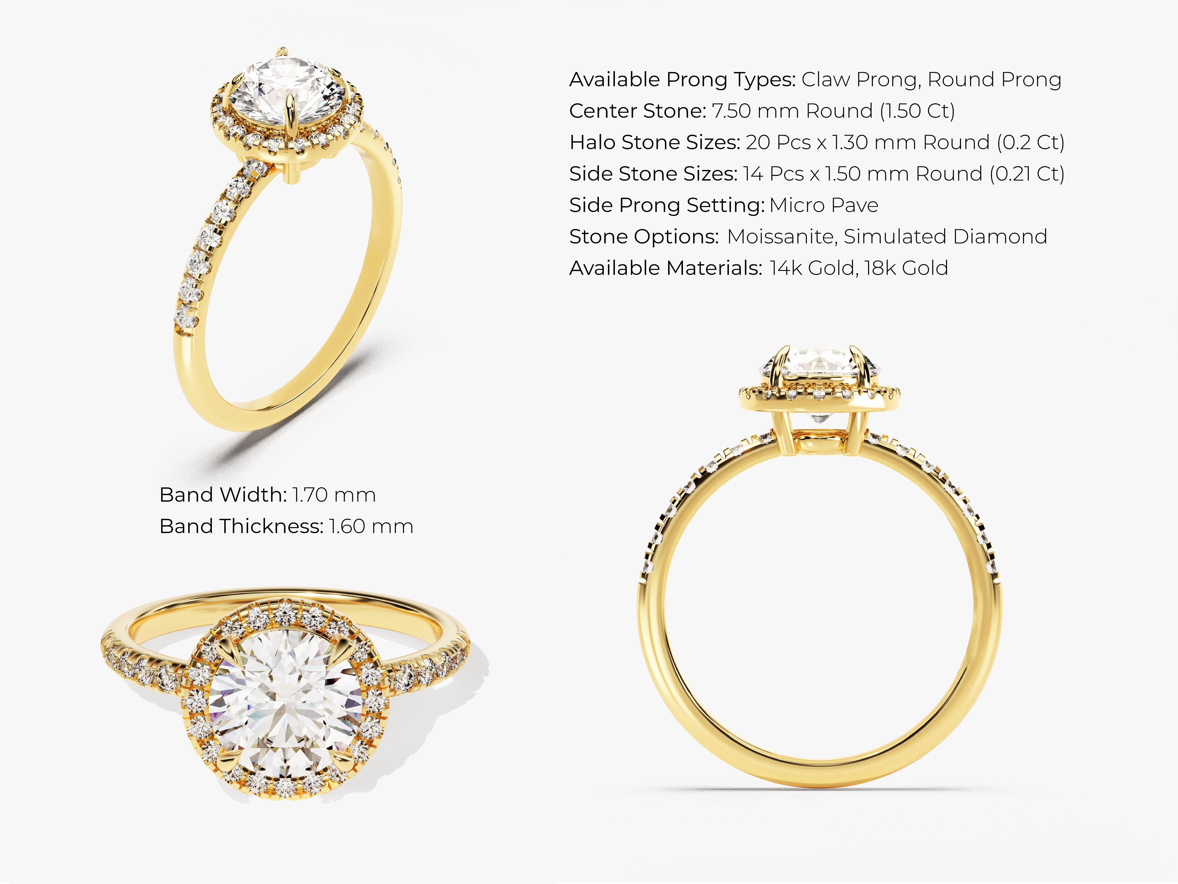 Gold halo engagement ring with round center stone and pave band