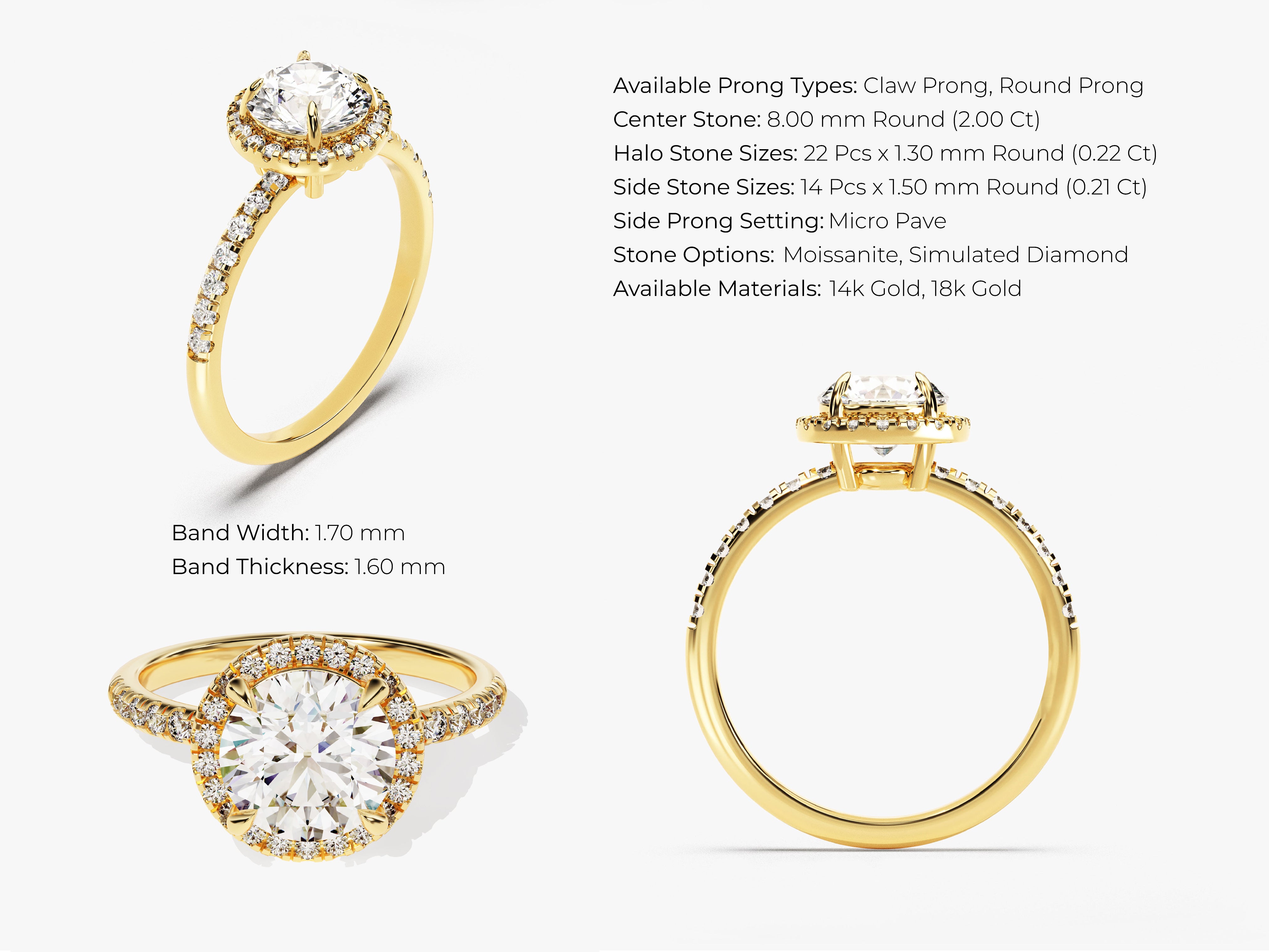 Gold halo ring with round center stone and diamond band