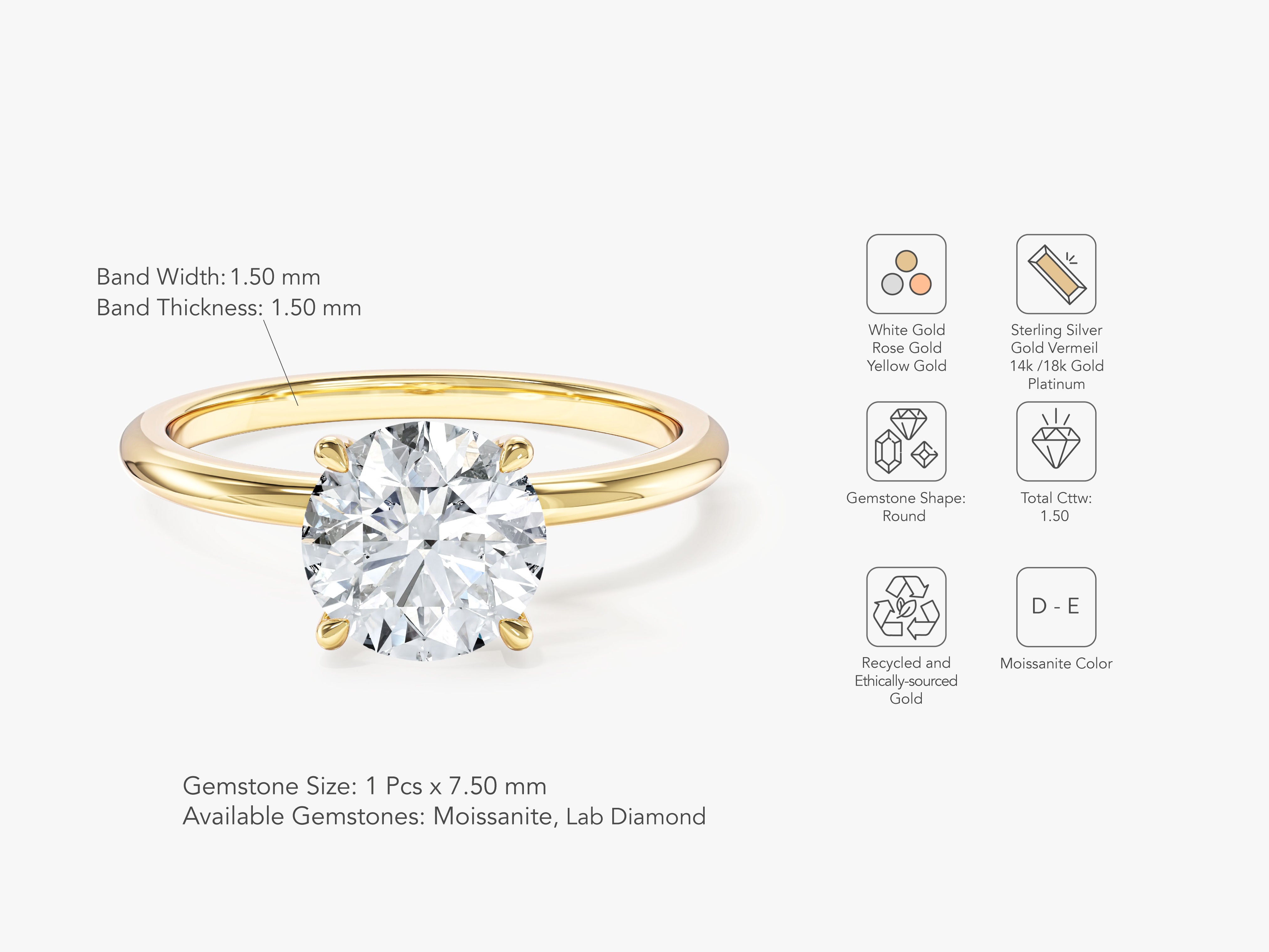 4-Prong Solitaire Round Cut Moissanite Engagement Ring (1.50 CT)