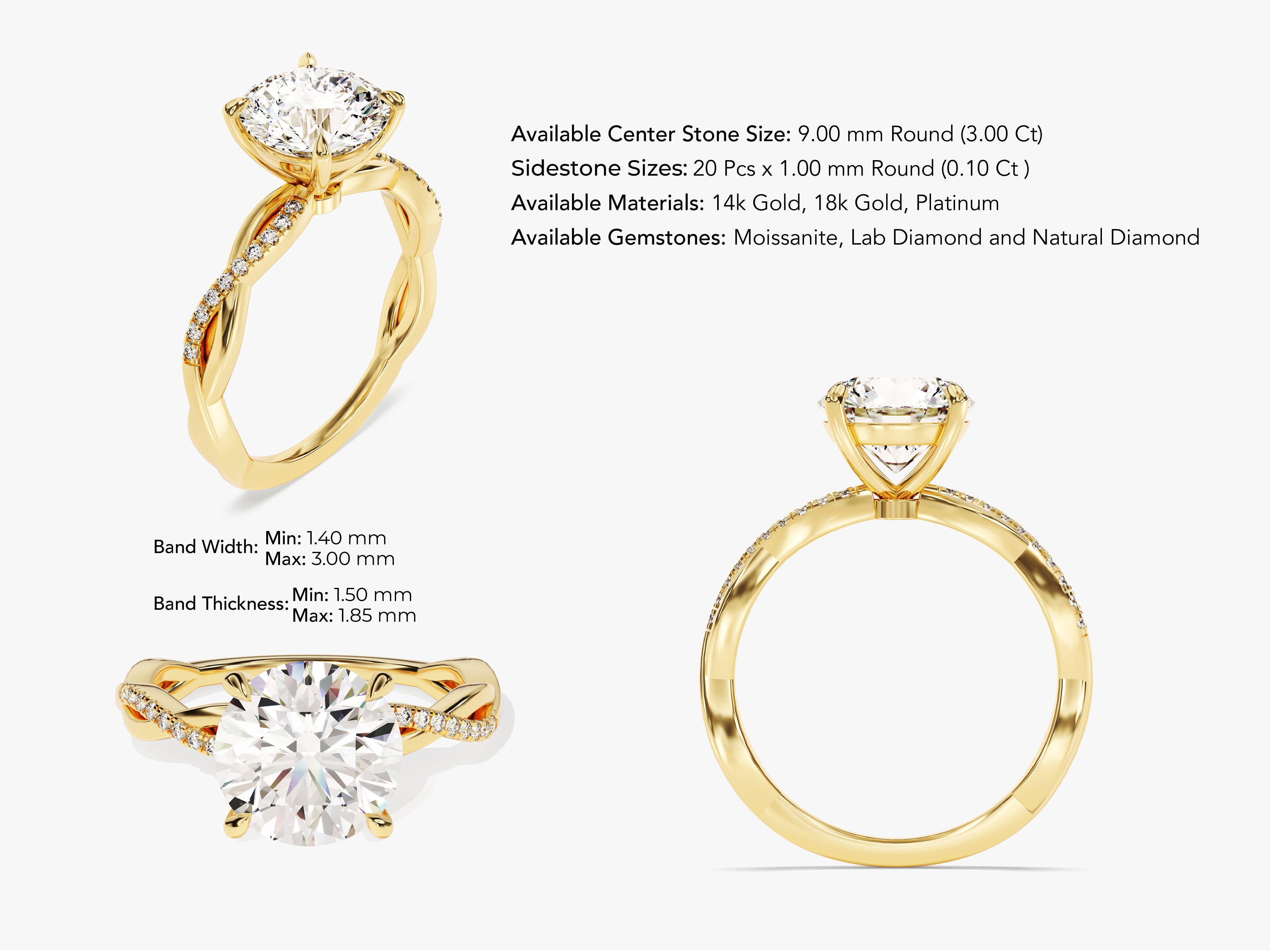 Gold diamond engagement ring with twisted band and side stones