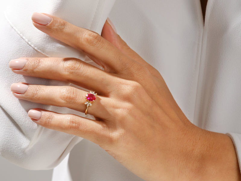 Oval Cluster Accent Ruby Ring in 14K Solid Gold