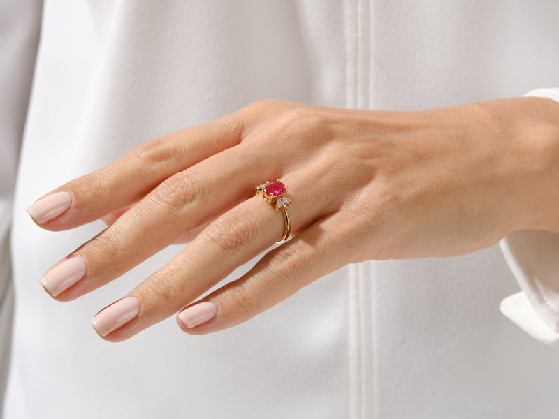 Oval Cluster Accent Pink Tourmaline Ring in 14K Solid Gold