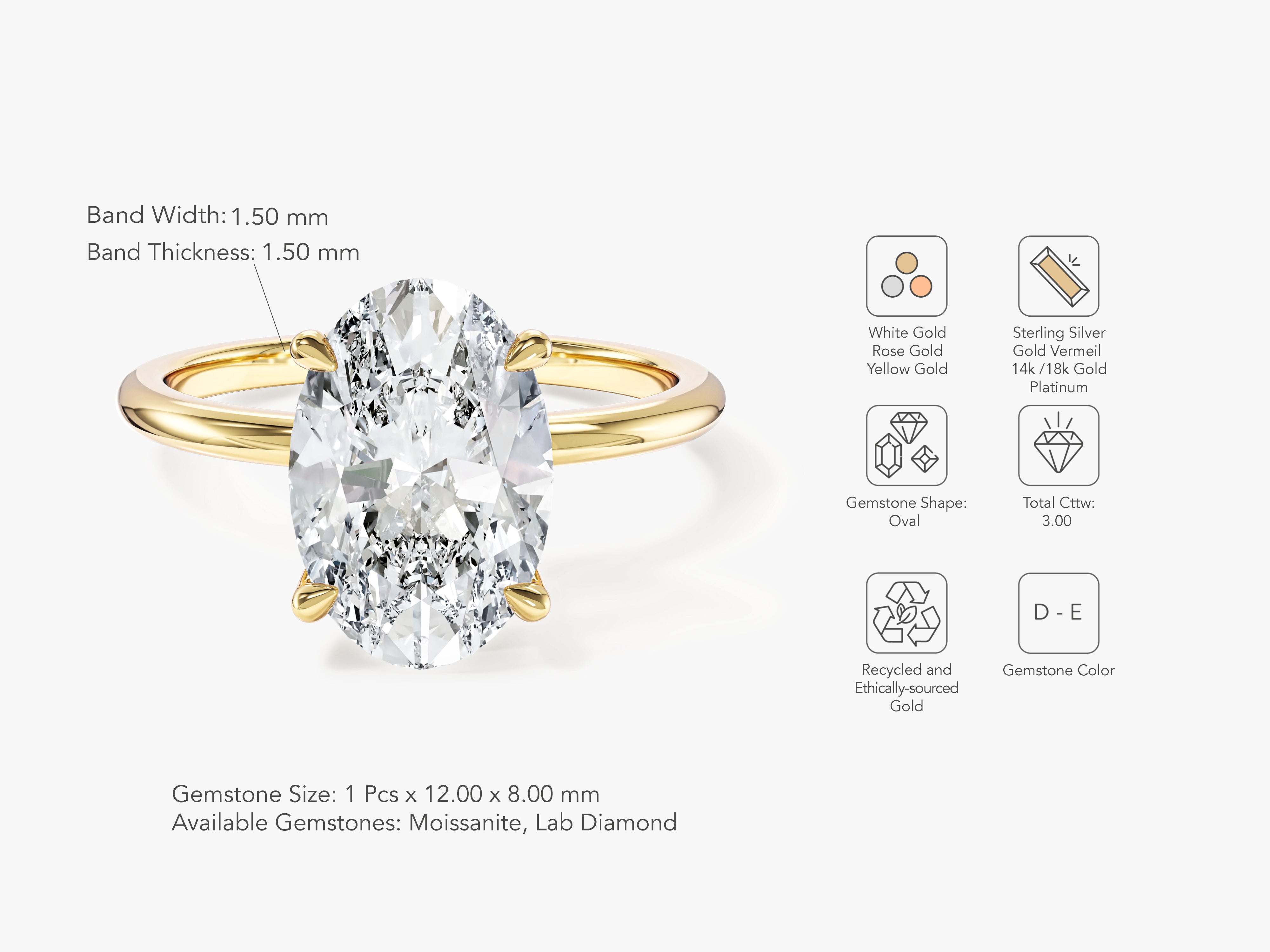 4-Prong Solitaire Oval Cut Lab Grown Diamond Engagement Ring (3.00 CT)