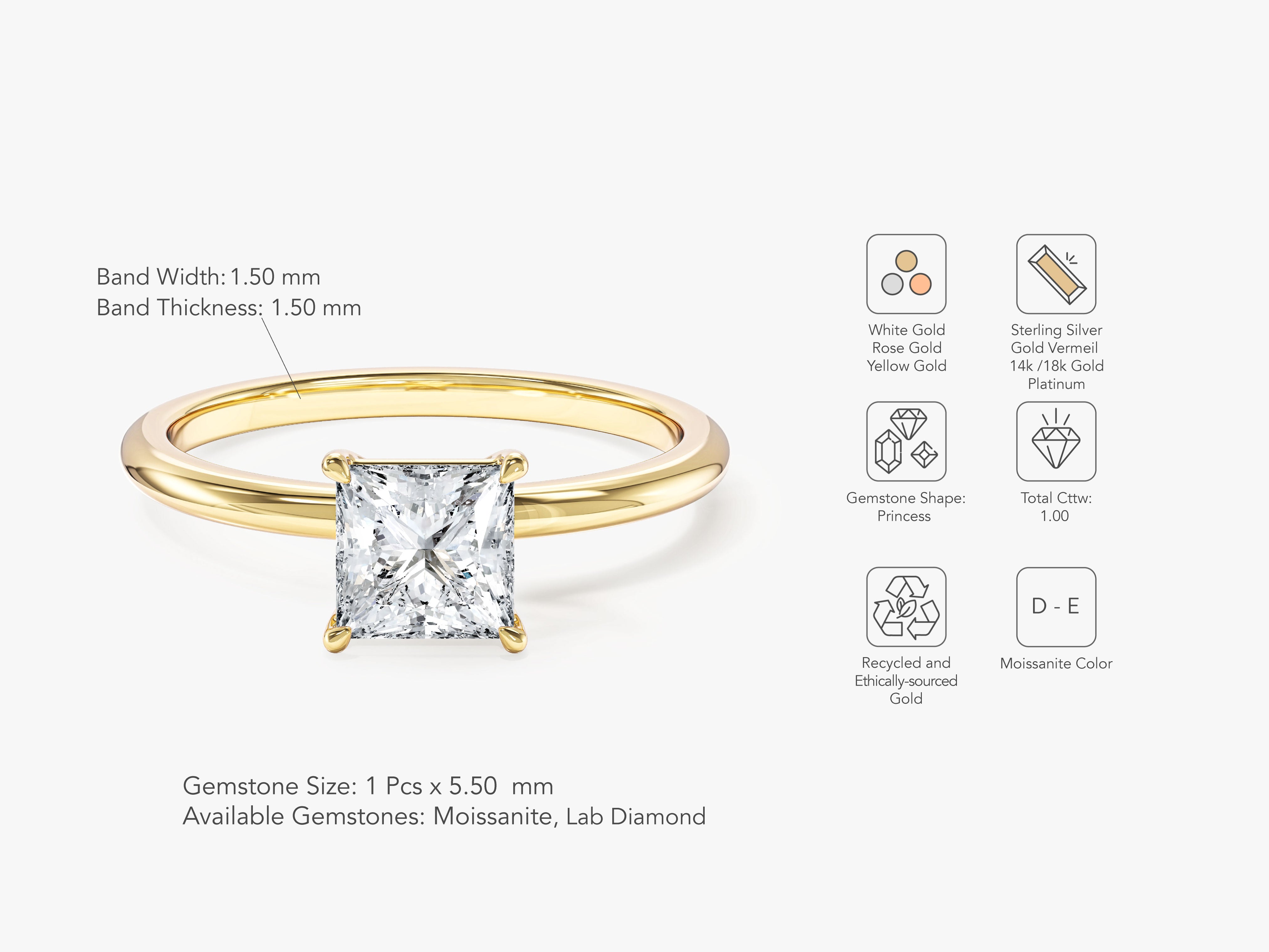 Princess Cut Solitaire Lab Grown Diamond Engagement Ring (1.00 CT)