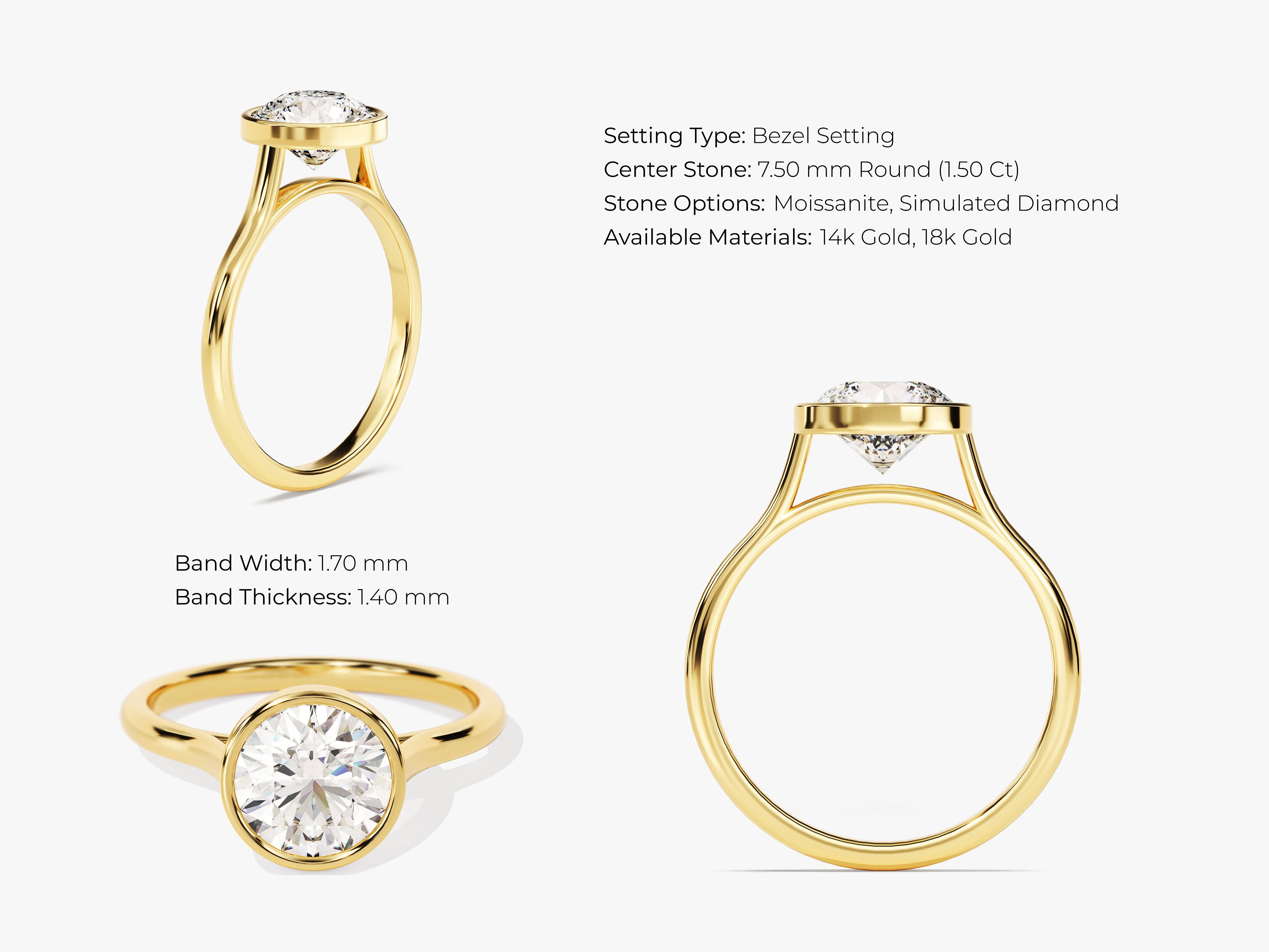 Gold bezel setting ring with round diamond, 14k or 18k gold